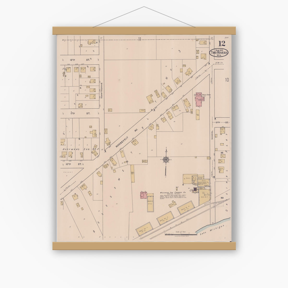 Old map wall art mockup — magnetic wood frame on white wall — Sanborn Fire Insurance Map from Two Rivers, Manitowoc County, Wisconsin (1922), Sheet #0012