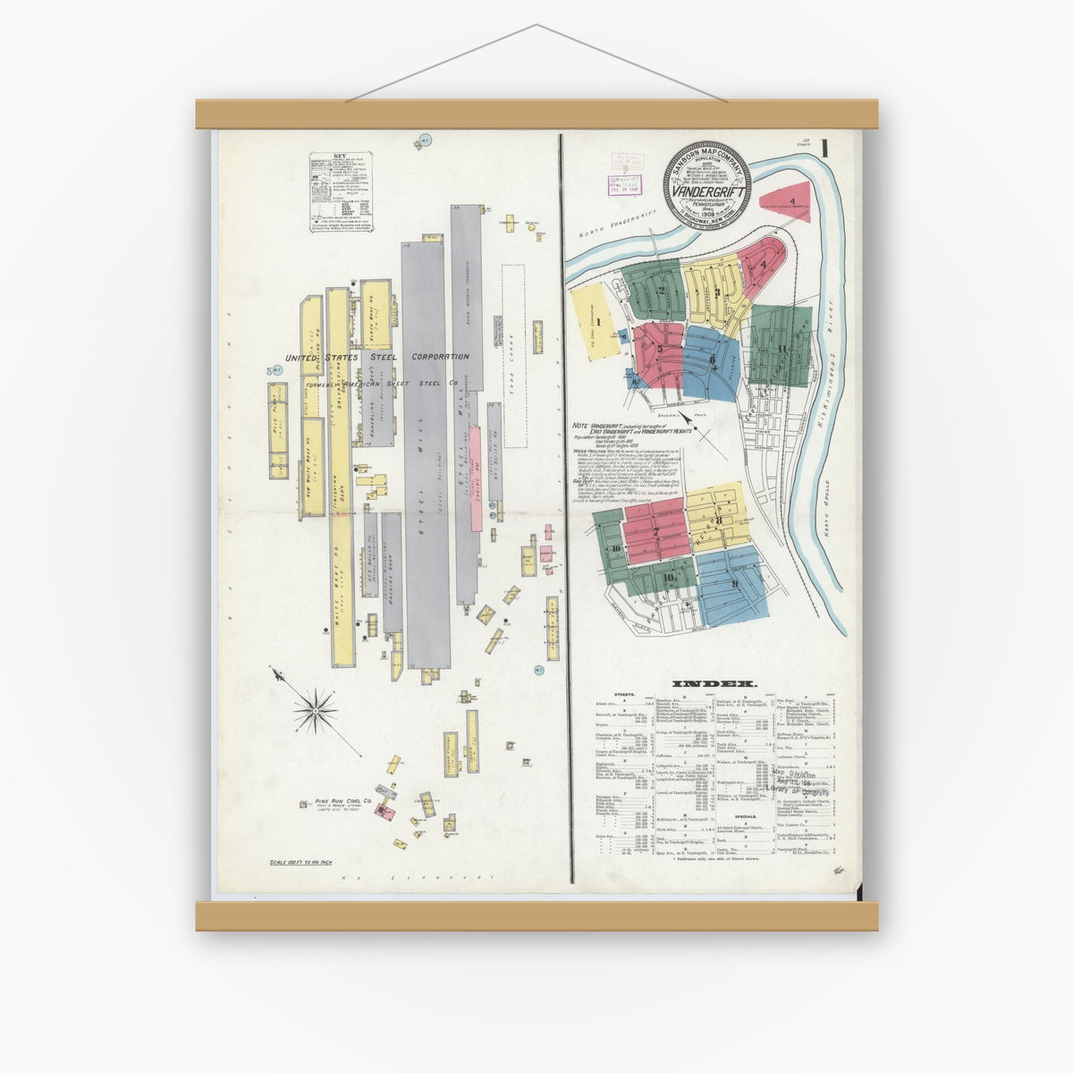 Old map wall art mockup — magnetic wood frame on white wall — Sanborn Fire Insurance Map from Vandergrift, Westmoreland County, Pennsylvania (1909), Sheet #0001