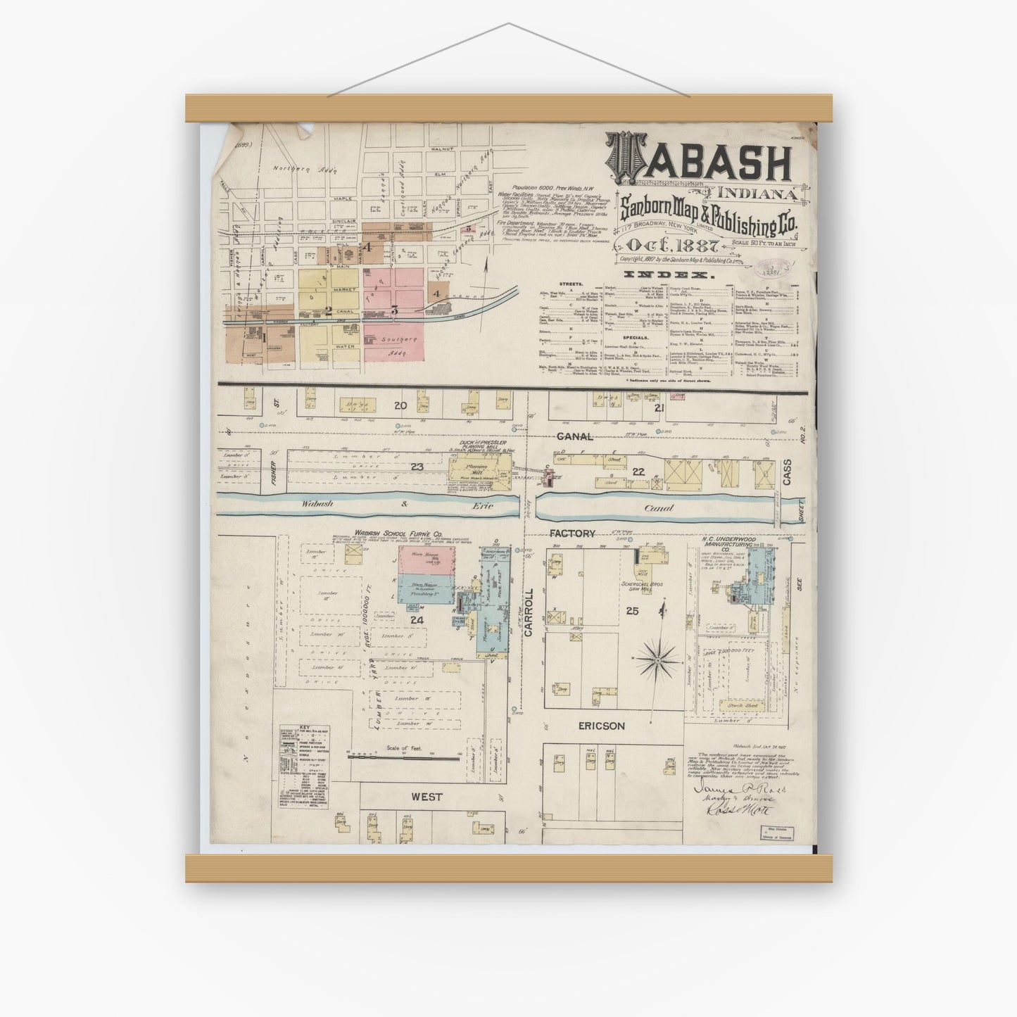 Old map wall art mockup — magnetic wood frame on white wall — Sanborn Fire Insurance Map from Wabash, Wabash County, Indiana (1887) - Complete Map Set
