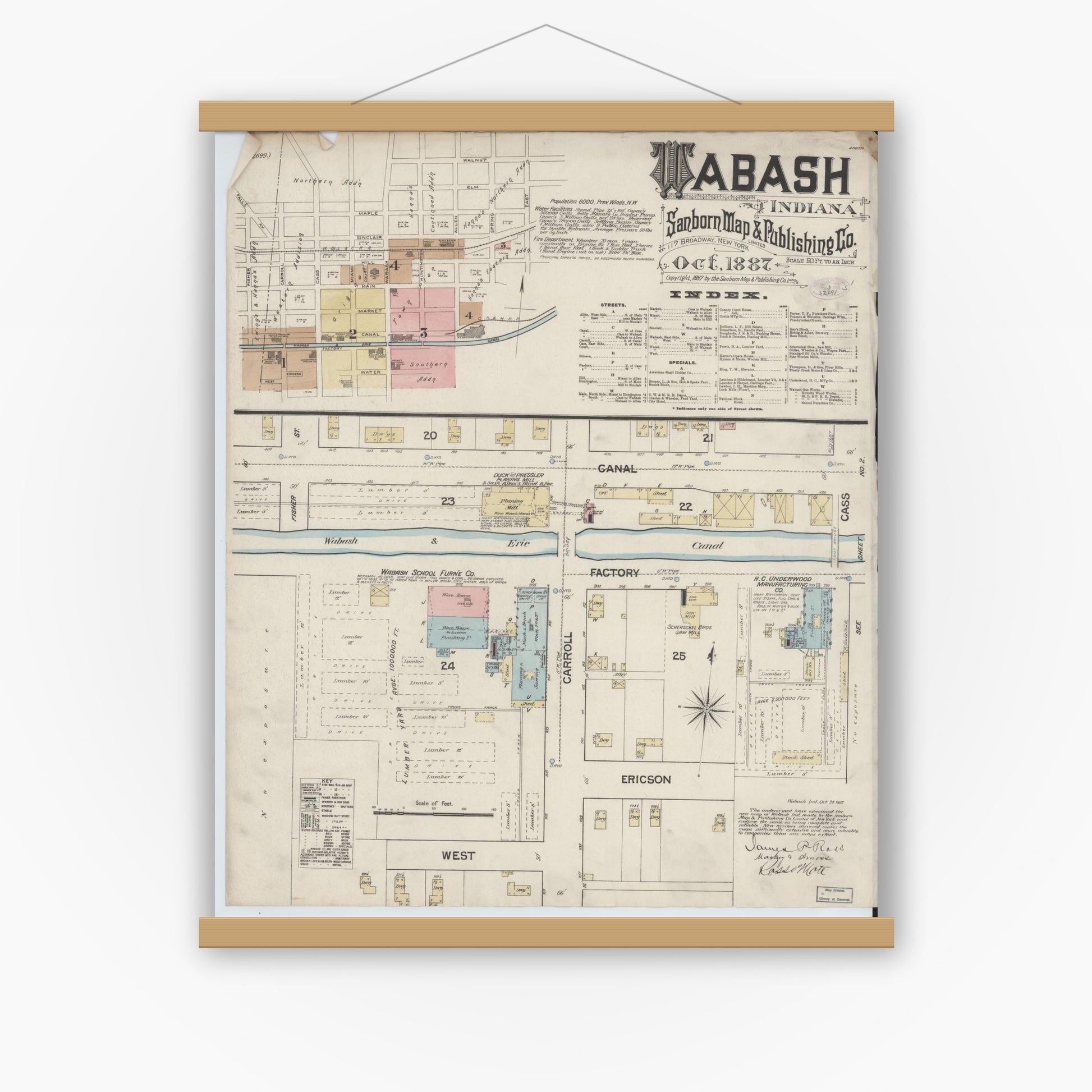 Old map wall art mockup — magnetic wood frame on white wall — Sanborn Fire Insurance Map from Wabash, Wabash County, Indiana (1887) - Complete Map Set