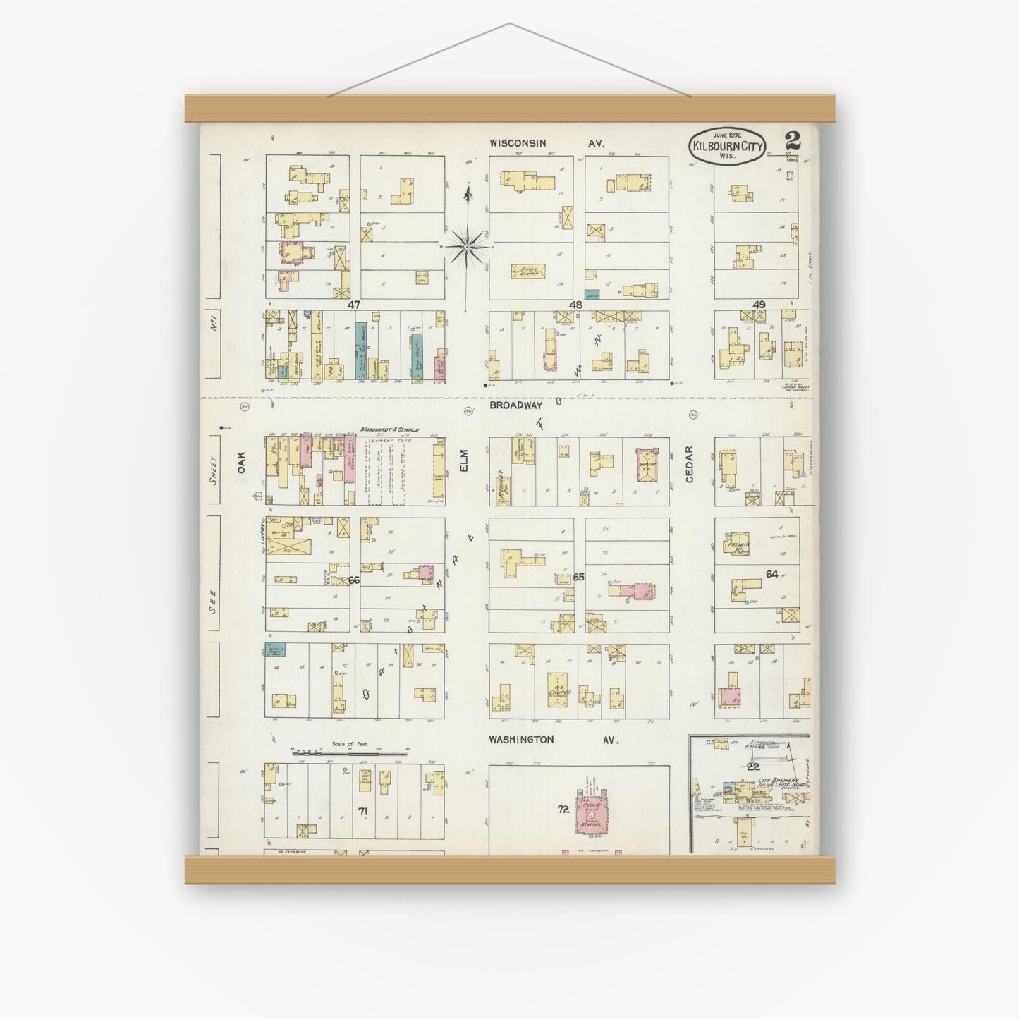 Old map wall art mockup — magnetic wood frame on white wall — Sanborn Fire Insurance Map from Kilbourn, Columbia County, Wisconsin (1892), Sheet #0002