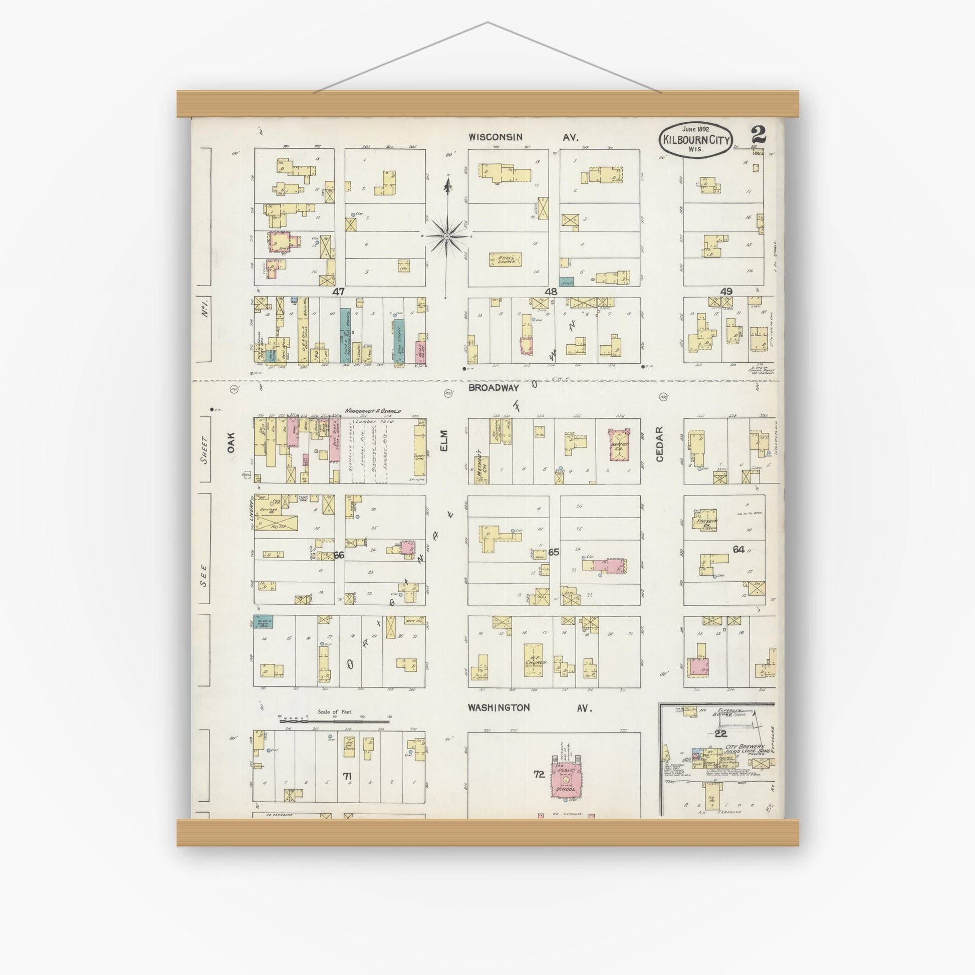 Old map wall art mockup — magnetic wood frame on white wall — Sanborn Fire Insurance Map from Kilbourn, Columbia County, Wisconsin (1892), Sheet #0002