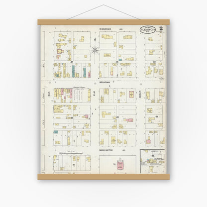 Old map wall art mockup — magnetic wood frame on white wall — Sanborn Fire Insurance Map from Kilbourn, Columbia County, Wisconsin (1892), Sheet #0002
