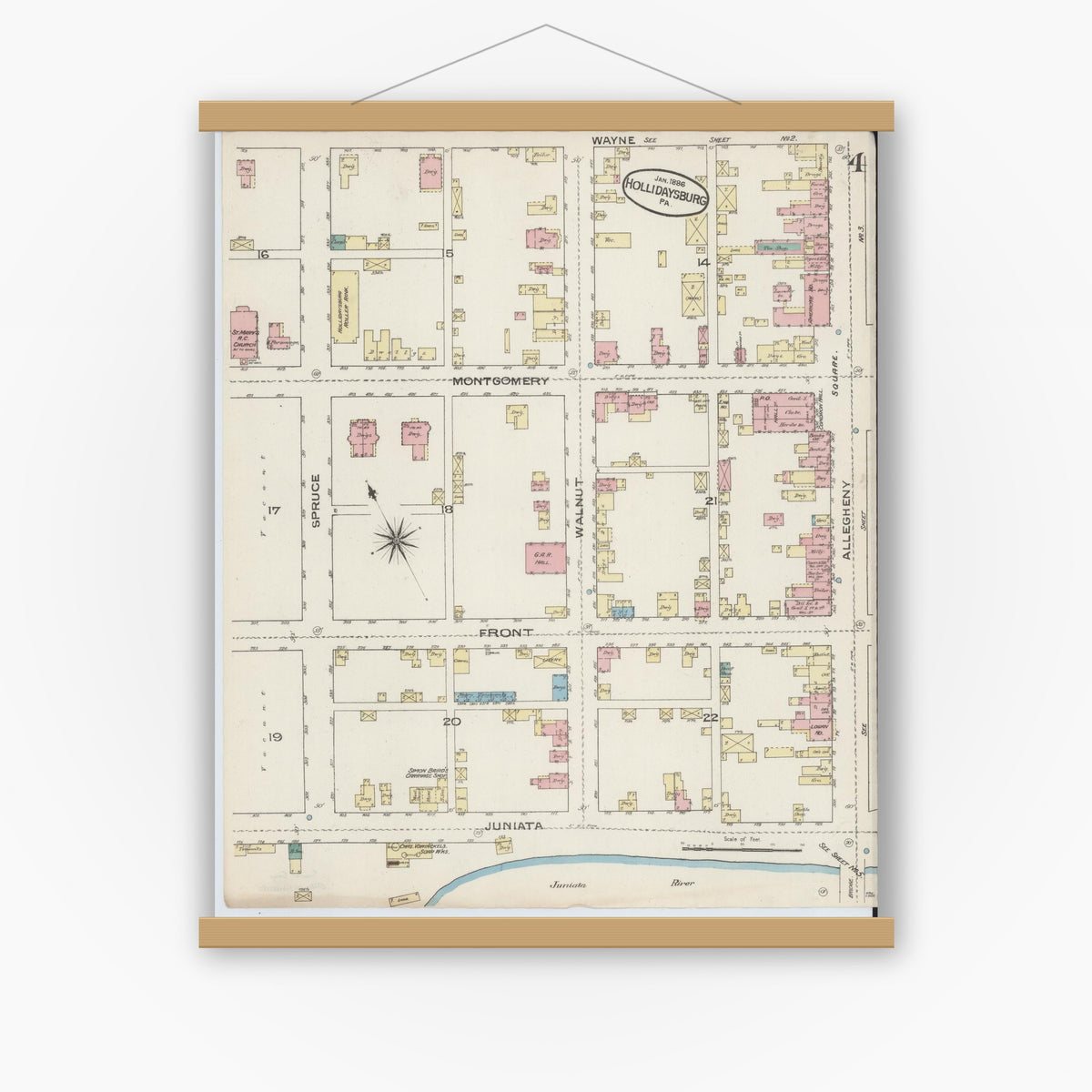 Old map wall art mockup — magnetic wood frame on white wall — Sanborn Fire Insurance Map from Hollidaysburg, Blair County, Pennsylvania (1886), Sheet #0004