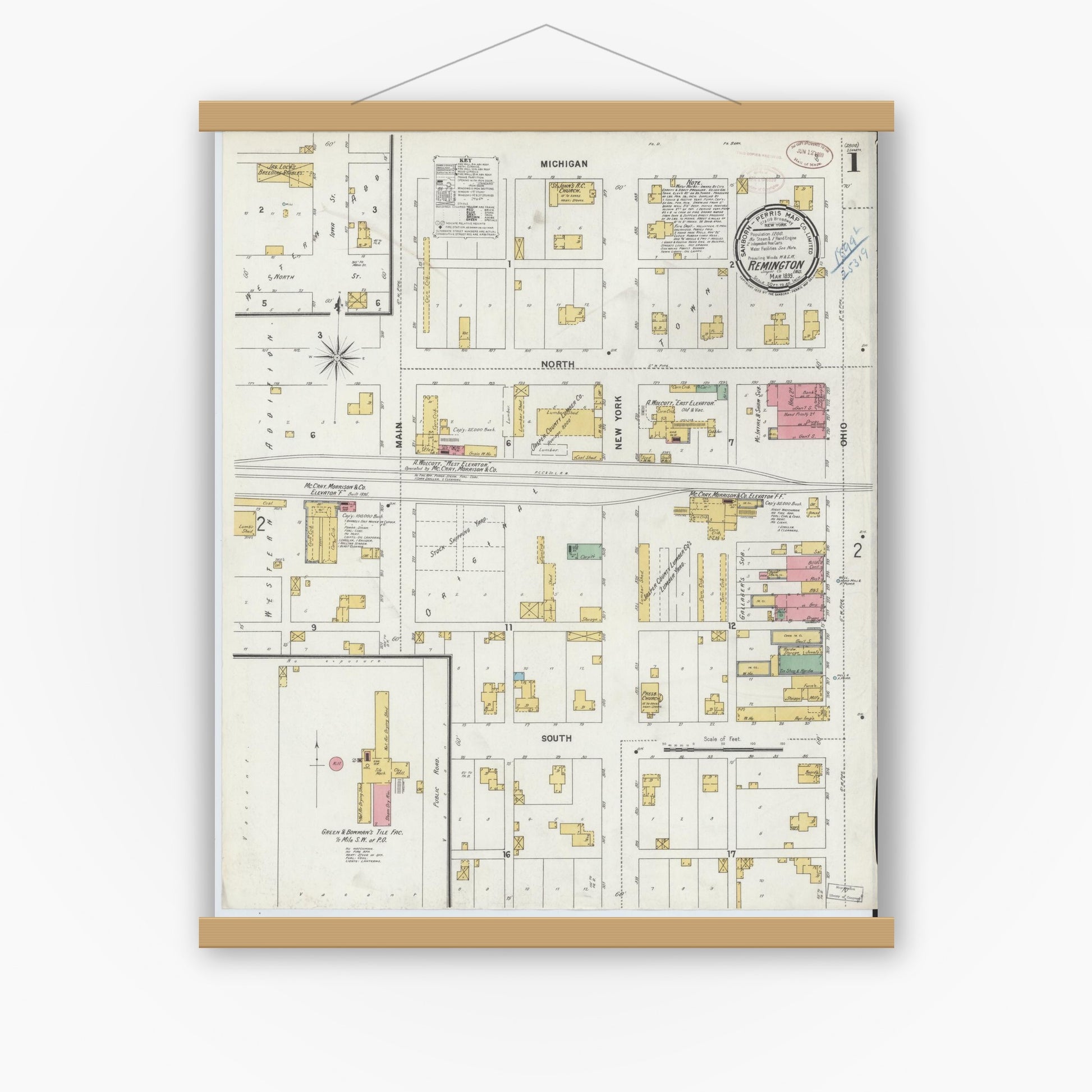 Old map wall art mockup — magnetic wood frame on white wall — Sanborn Fire Insurance Map from Remington, Jasper County, Indiana (1899) - Complete Map Set