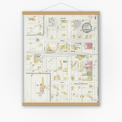 Old map wall art mockup — magnetic wood frame on white wall — Sanborn Fire Insurance Map from Remington, Jasper County, Indiana (1899) - Complete Map Set