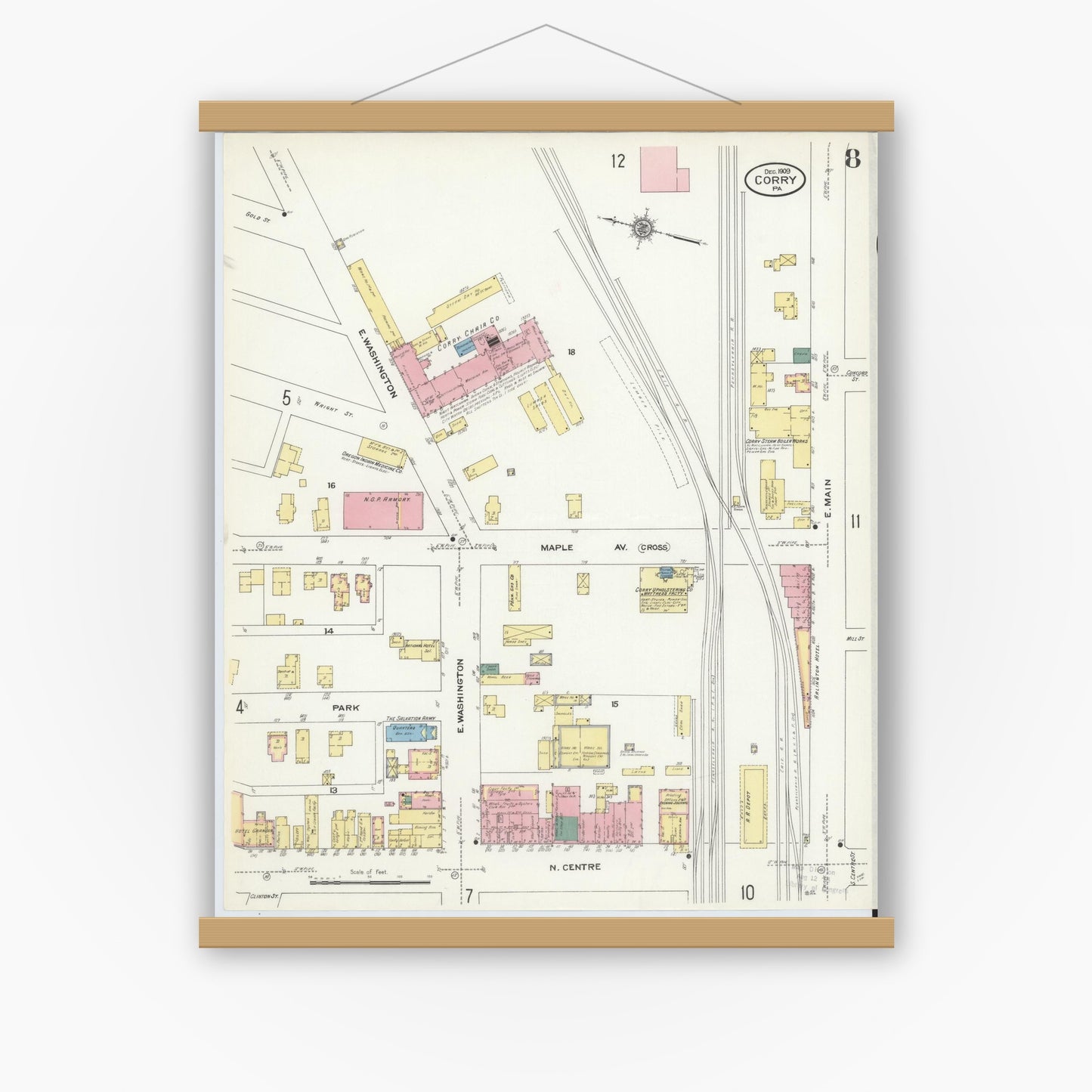 Old map wall art mockup — magnetic wood frame on white wall — Sanborn Fire Insurance Map from Corry, Erie County, Pennsylvania (1909), Sheet #0008
