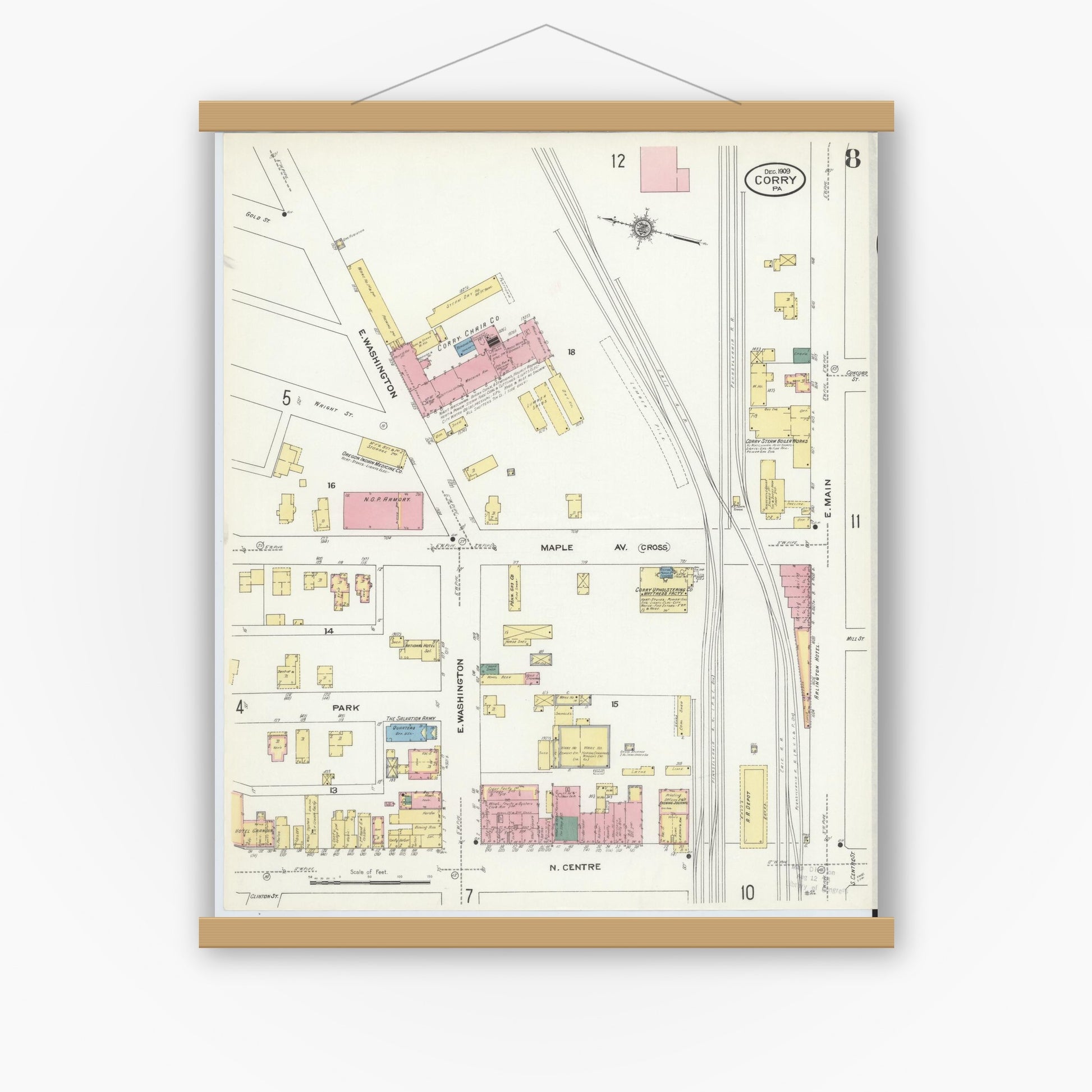 Old map wall art mockup — magnetic wood frame on white wall — Sanborn Fire Insurance Map from Corry, Erie County, Pennsylvania (1909), Sheet #0008