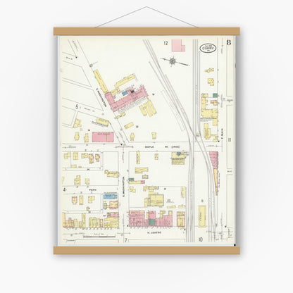 Old map wall art mockup — magnetic wood frame on white wall — Sanborn Fire Insurance Map from Corry, Erie County, Pennsylvania (1909), Sheet #0008