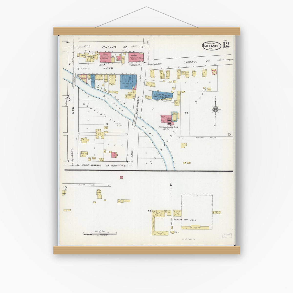 Old map wall art mockup — magnetic wood frame on white wall — Sanborn Fire Insurance Map from Naperville, Du Page County, Illinois (1921), Sheet #0012