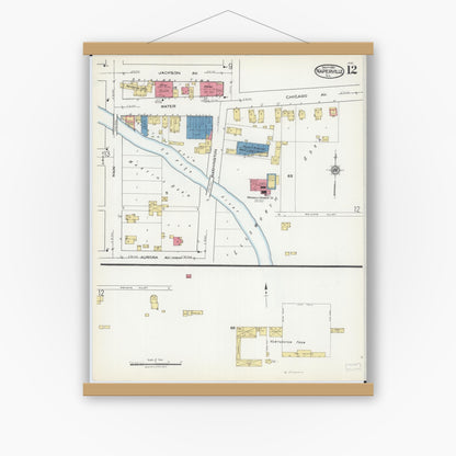 Old map wall art mockup — magnetic wood frame on white wall — Sanborn Fire Insurance Map from Naperville, Du Page County, Illinois (1921), Sheet #0012