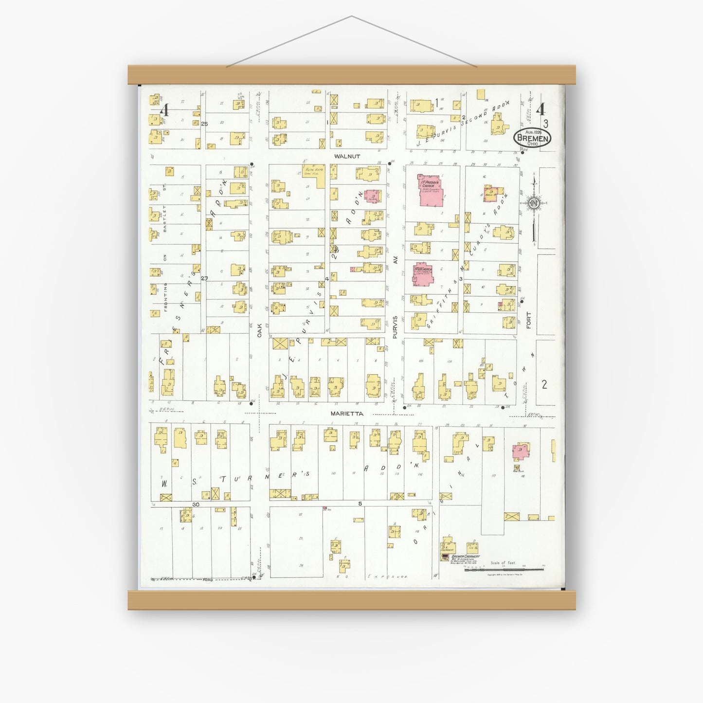 Old map wall art mockup — magnetic wood frame on white wall — Sanborn Fire Insurance Map from Bremen, Fairfield County, Ohio (1926), Sheet #0004