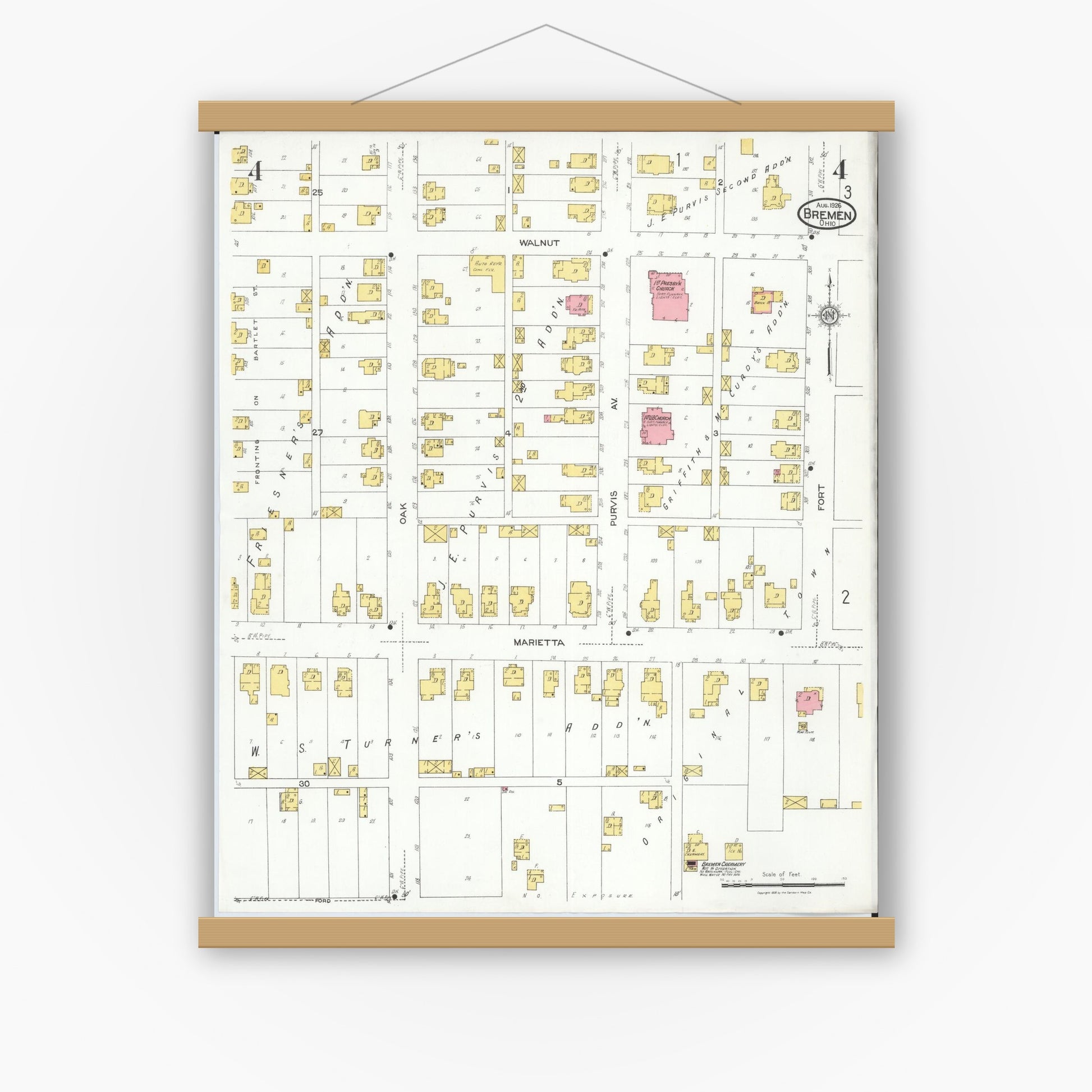 Old map wall art mockup — magnetic wood frame on white wall — Sanborn Fire Insurance Map from Bremen, Fairfield County, Ohio (1926), Sheet #0004