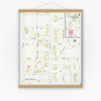 Old map wall art mockup — magnetic wood frame on white wall — Sanborn Fire Insurance Map from Bellefontaine, Logan County, Ohio (1901), Sheet #0003