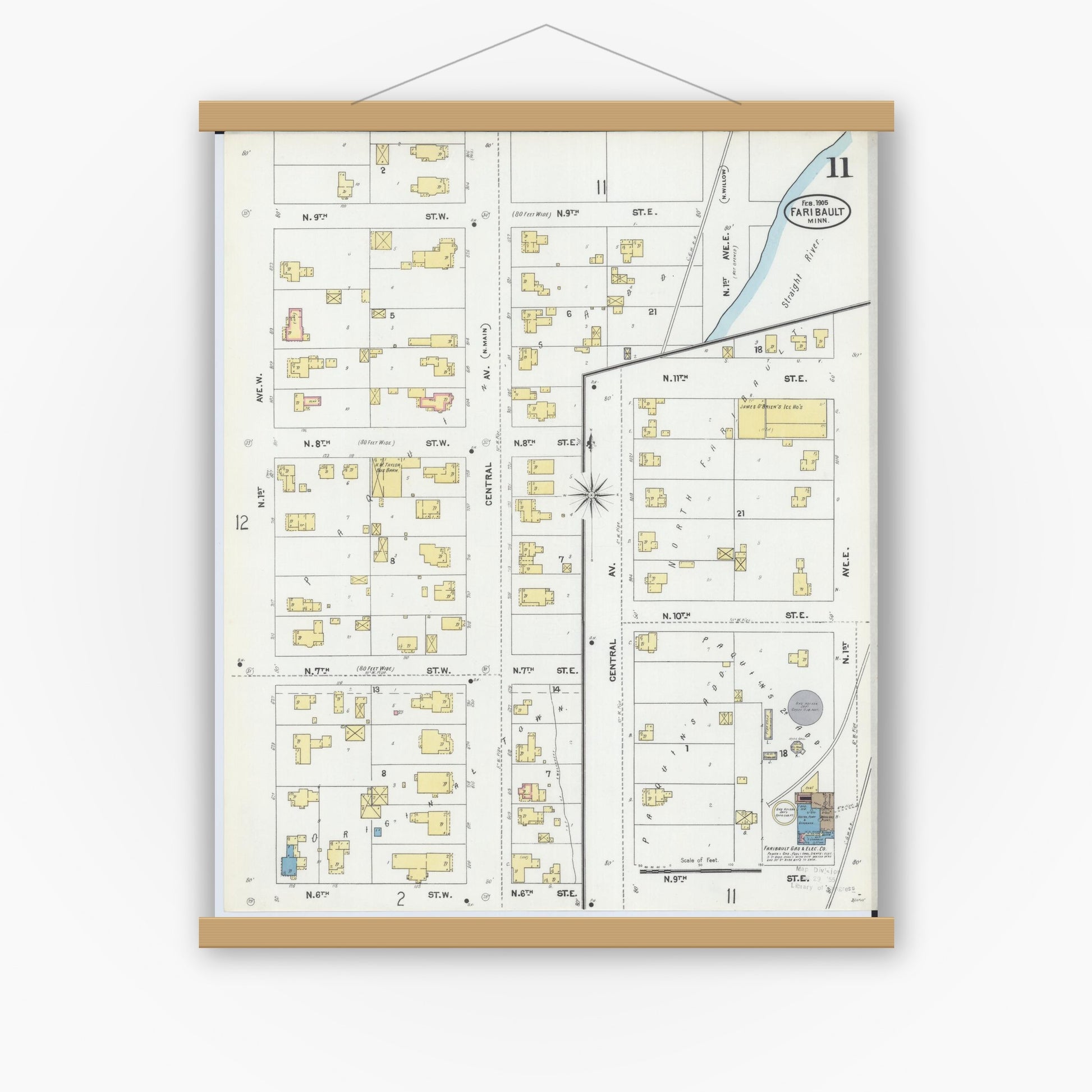 Old map wall art mockup — magnetic wood frame on white wall — Sanborn Fire Insurance Map from Faribault, Rice County, Minnesota (1905), Sheet #0011
