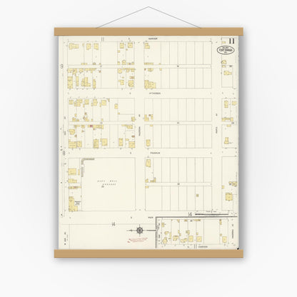 Old map wall art mockup — magnetic wood frame on white wall — Sanborn Fire Insurance Map from Fort Bragg, Mendocino County, California (1919), Sheet #0011