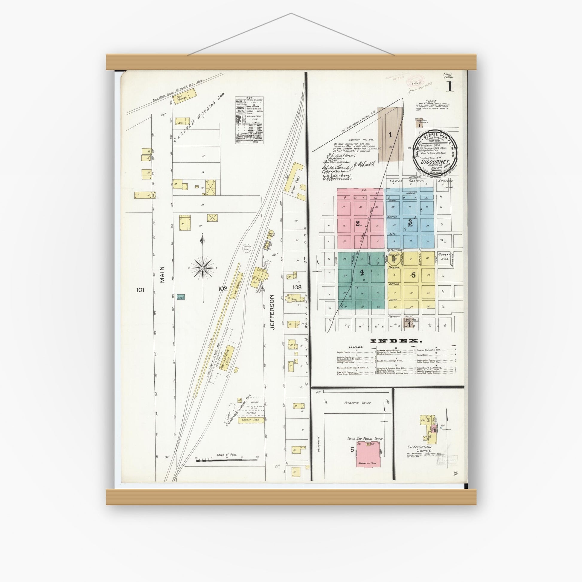 Old map wall art mockup — magnetic wood frame on white wall — Sanborn Fire Insurance Map from Sigourney, Kiokuk County, Iowa (1893), Sheet #0001
