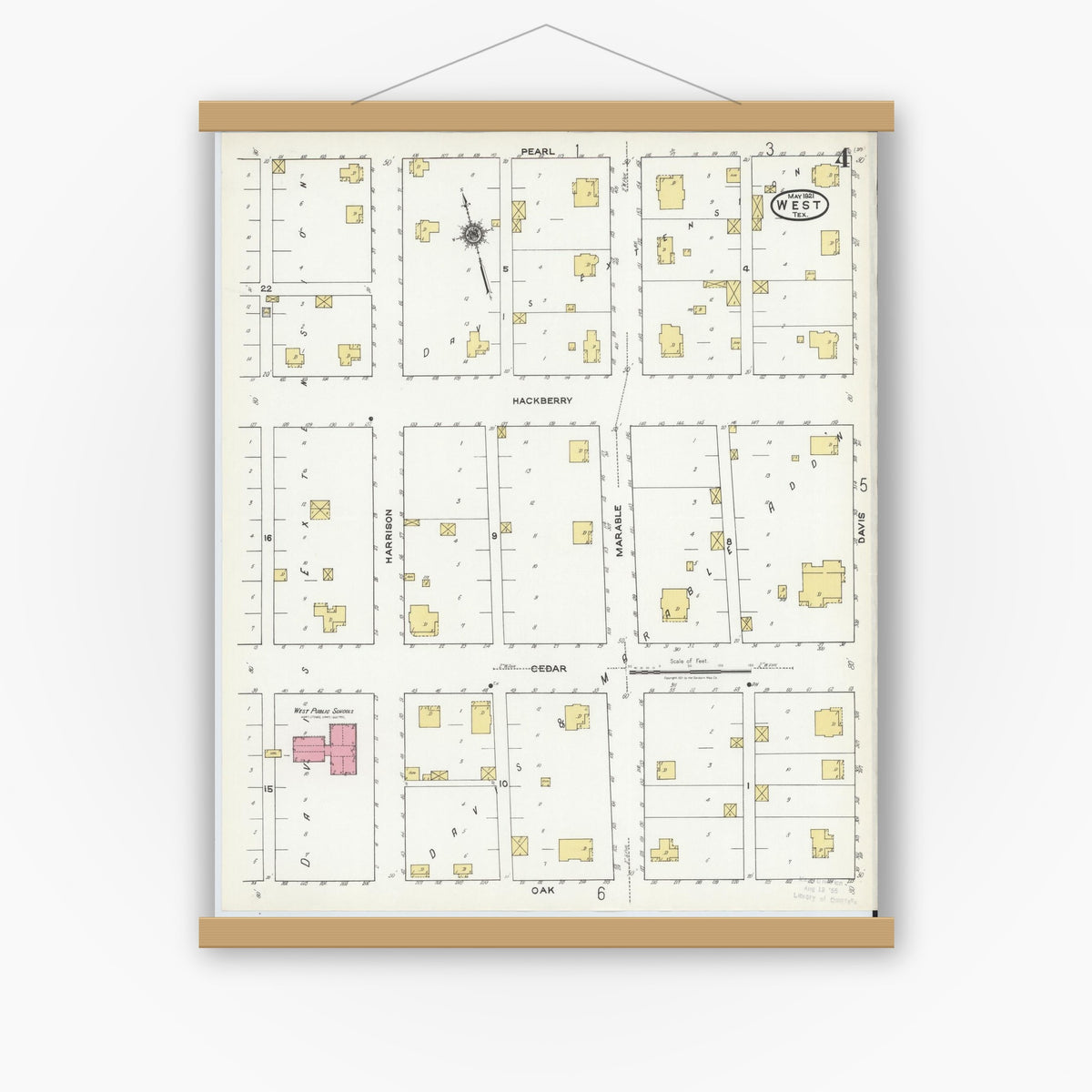 Old map wall art mockup — magnetic wood frame on white wall — Sanborn Fire Insurance Map from West, McLennan County, Texas (1921), Sheet #0004
