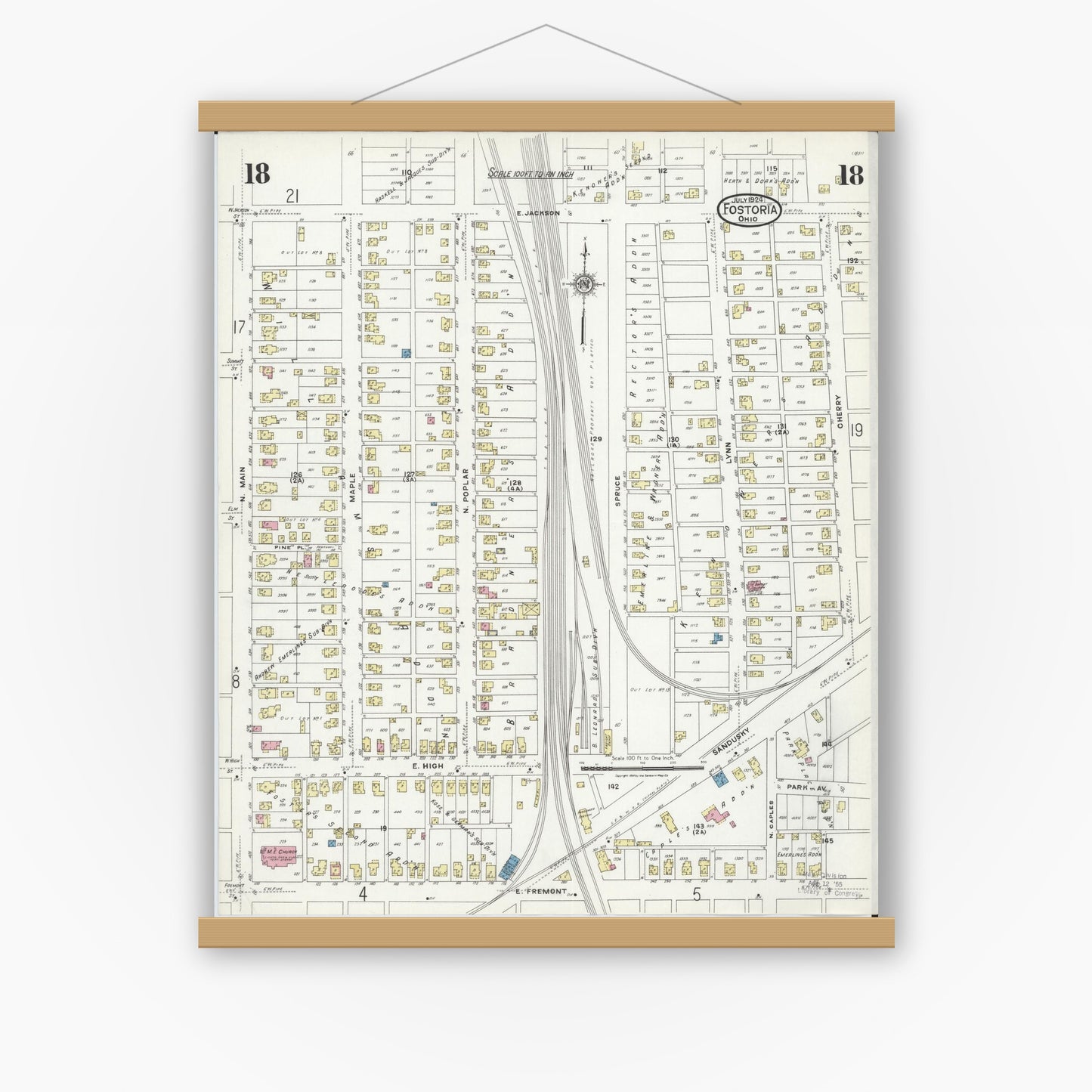 Old map wall art mockup — magnetic wood frame on white wall — Sanborn Fire Insurance Map from Fostoria, Seneca, Hancock, And Wood Counties, Ohio (1924), Sheet #0018