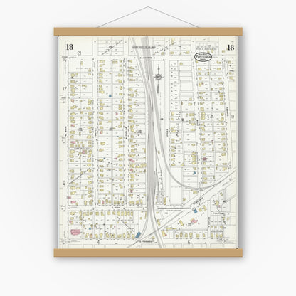 Old map wall art mockup — magnetic wood frame on white wall — Sanborn Fire Insurance Map from Fostoria, Seneca, Hancock, And Wood Counties, Ohio (1924), Sheet #0018