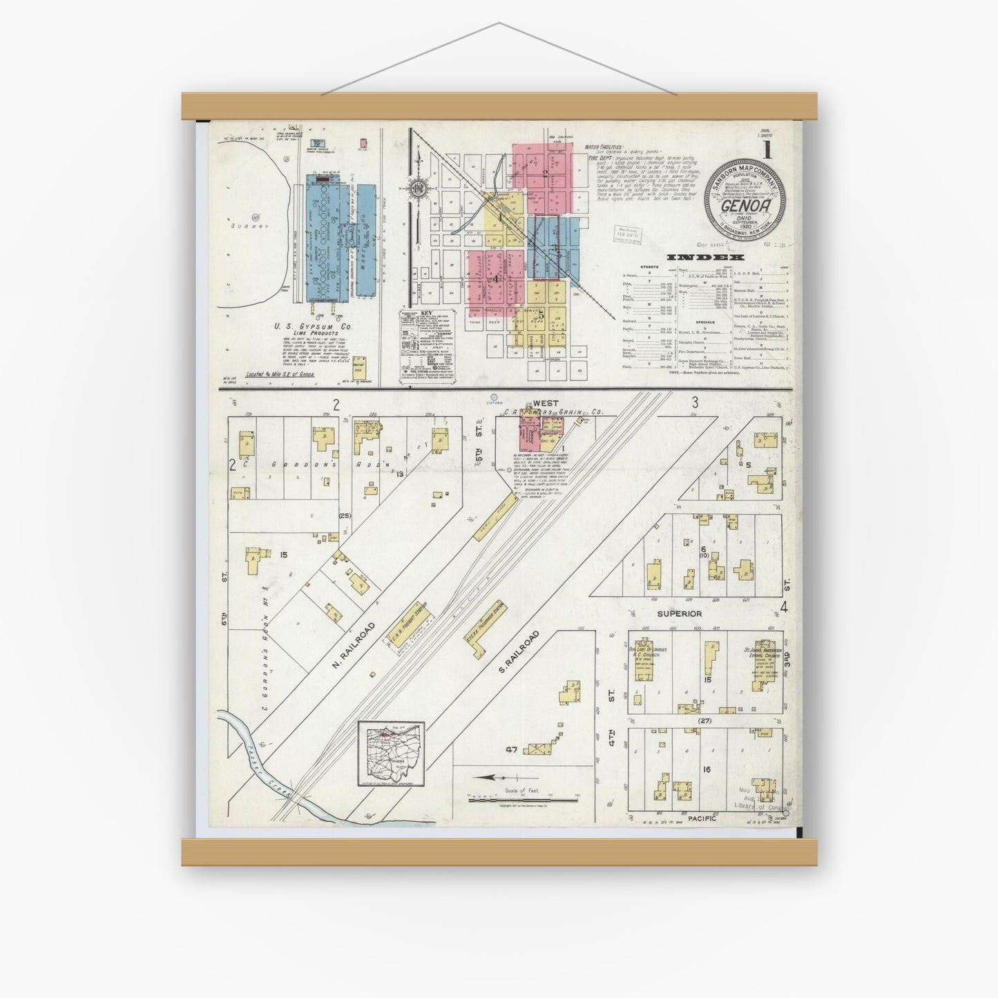 Old map wall art mockup — magnetic wood frame on white wall — Sanborn Fire Insurance Map from Genoa, Ottawa County, Ohio (1920) - Complete Map Set