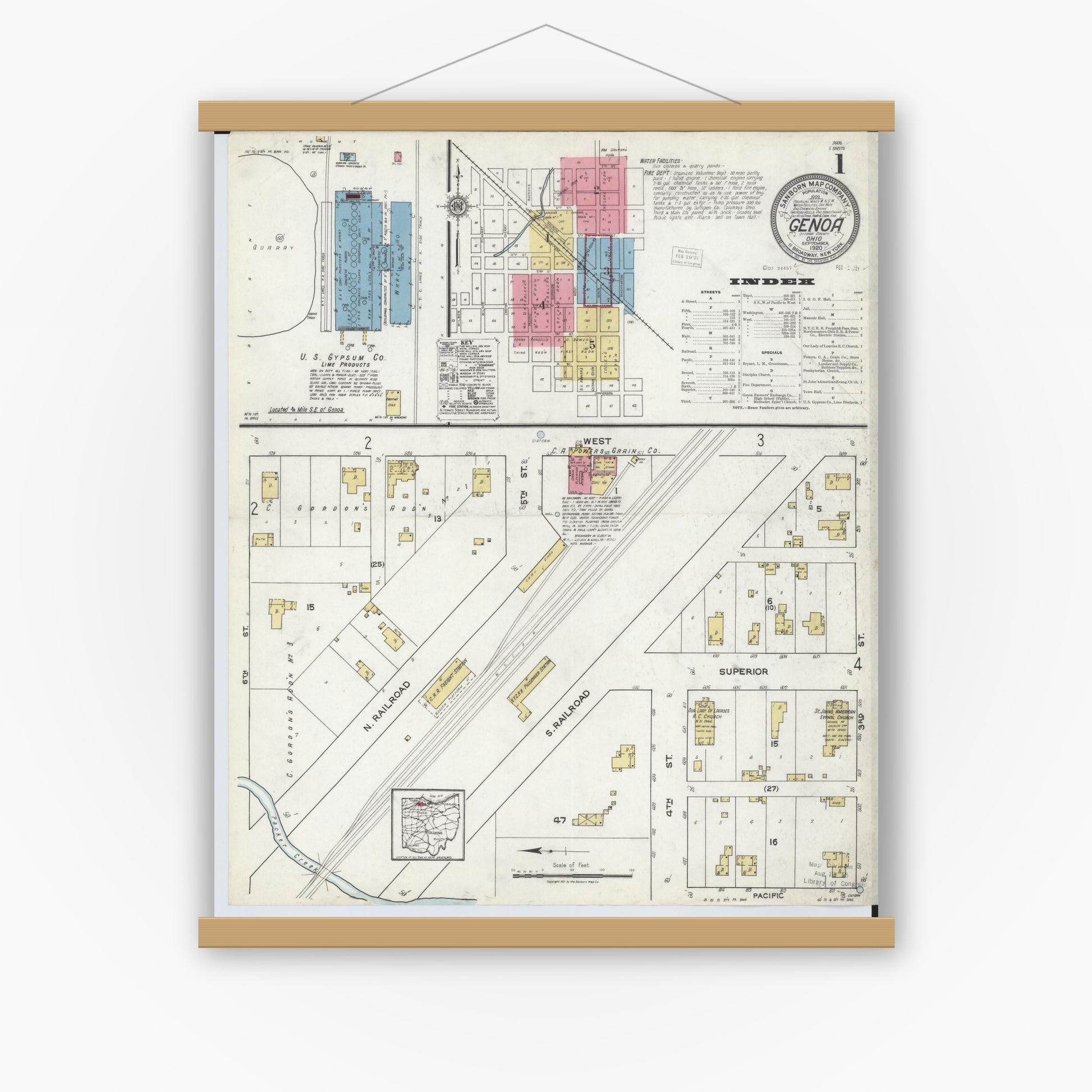 Old map wall art mockup — magnetic wood frame on white wall — Sanborn Fire Insurance Map from Genoa, Ottawa County, Ohio (1920) - Complete Map Set