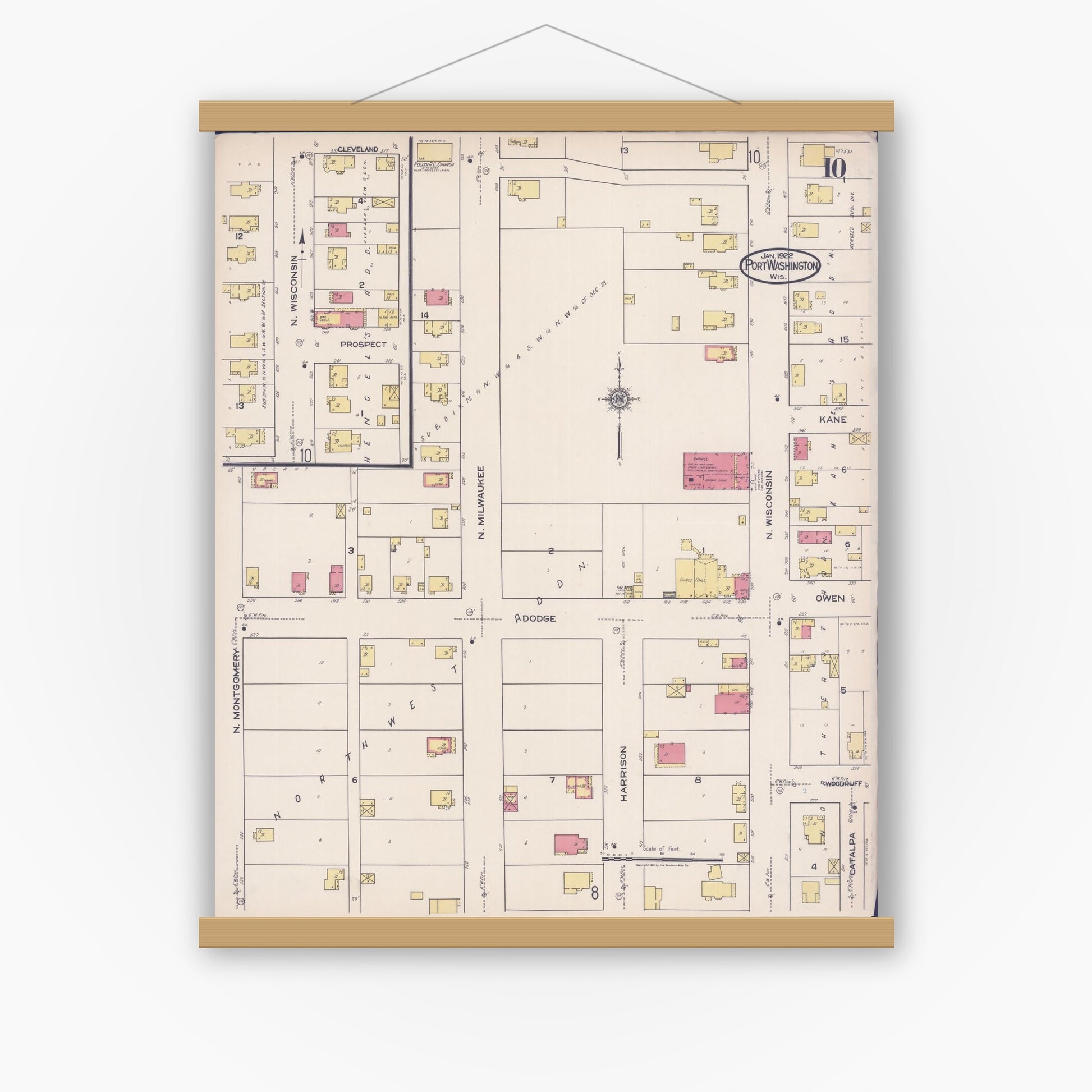 Old map wall art mockup — magnetic wood frame on white wall — Sanborn Fire Insurance Map from Port Washington, Ozaukee County, Wisconsin (1922), Sheet #0010