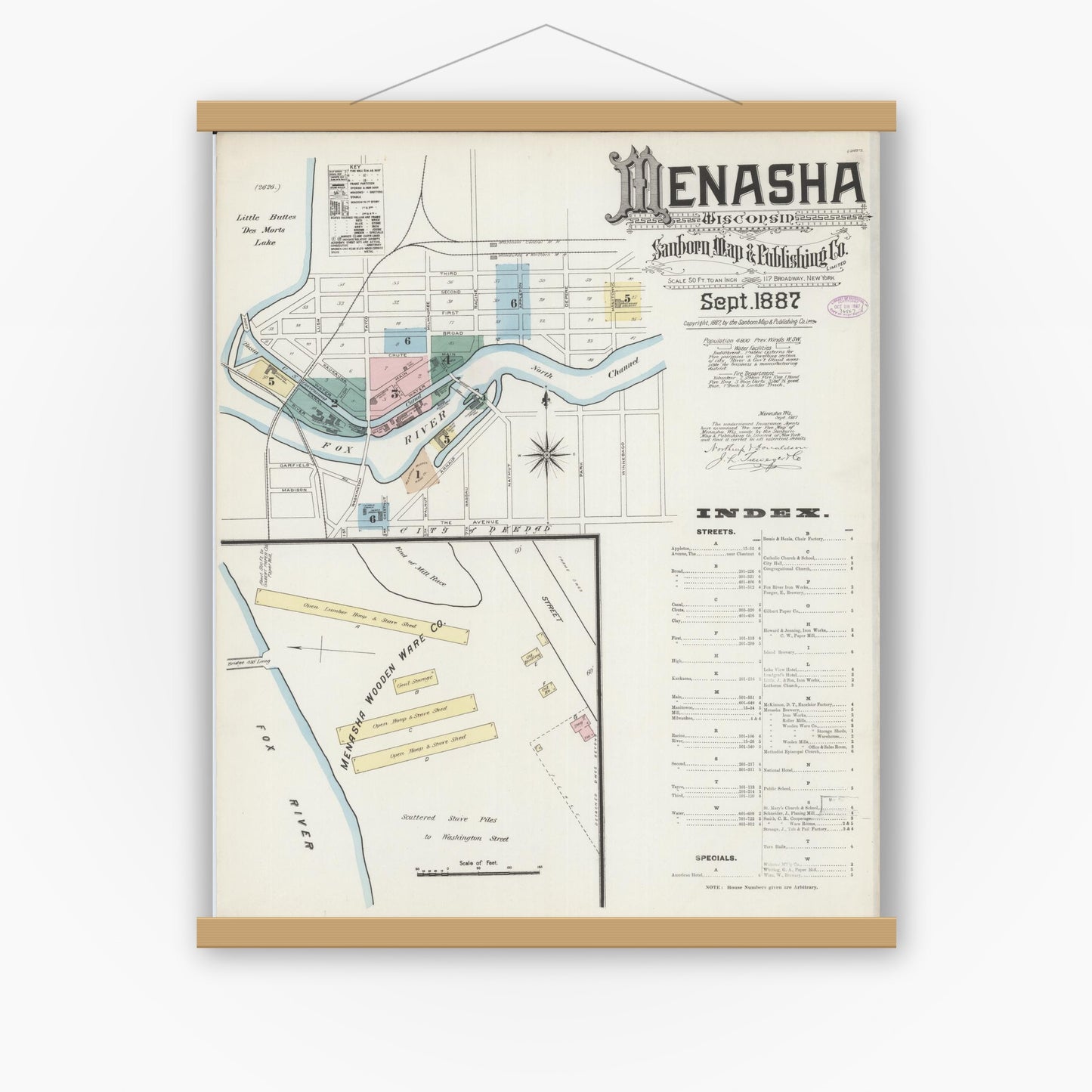 Old map wall art mockup — magnetic wood frame on white wall — Sanborn Fire Insurance Map from Menasha, Winnebago County, Wisconsin (1887), Sheet #0001