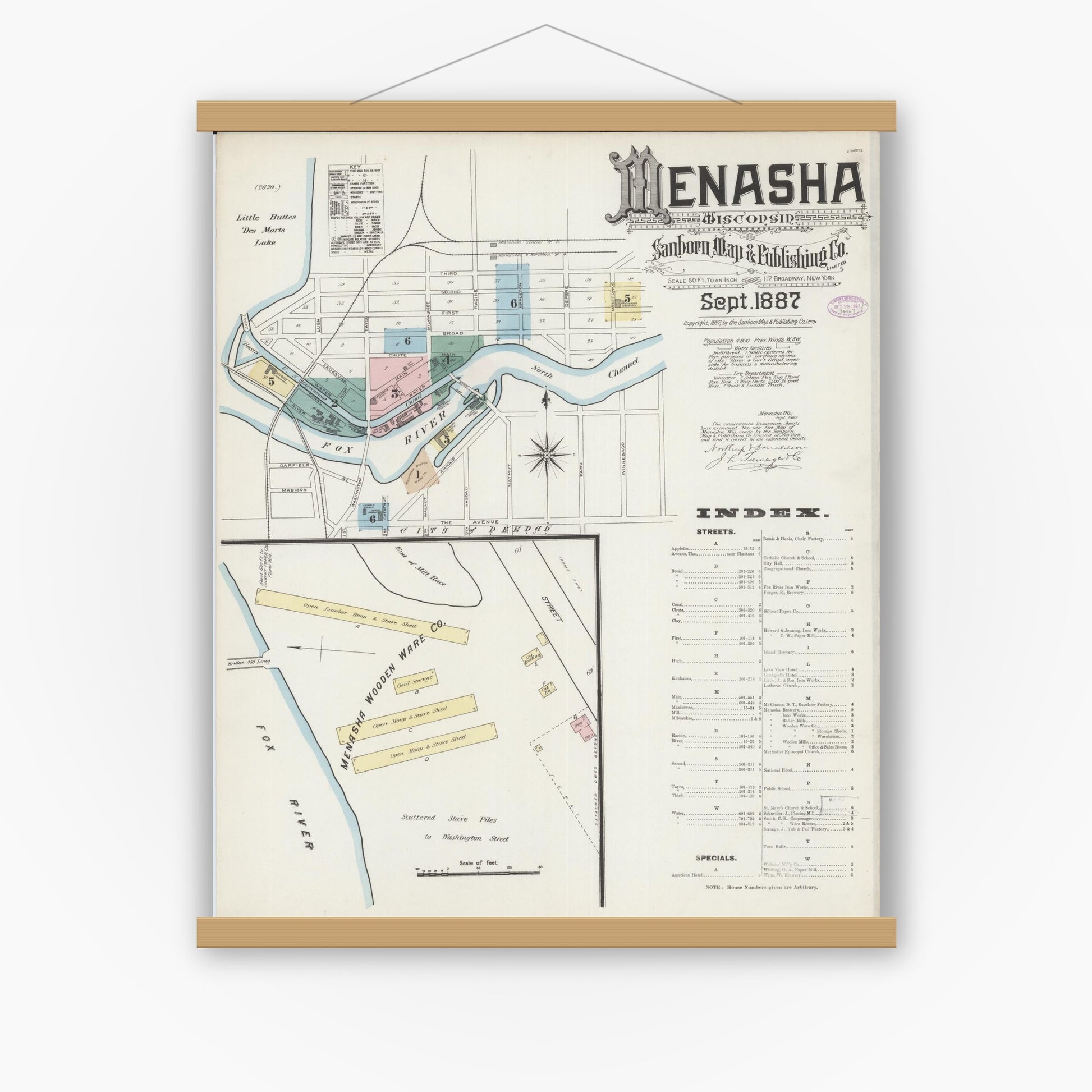 Old map wall art mockup — magnetic wood frame on white wall — Sanborn Fire Insurance Map from Menasha, Winnebago County, Wisconsin (1887), Sheet #0001