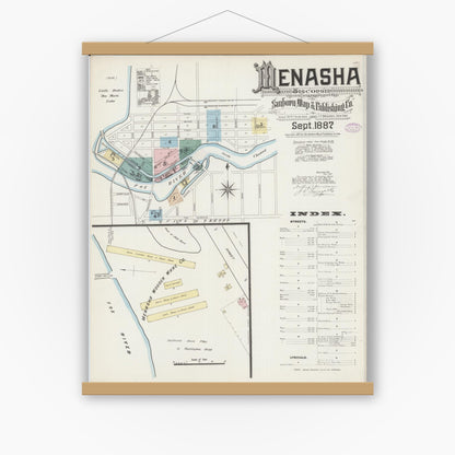 Old map wall art mockup — magnetic wood frame on white wall — Sanborn Fire Insurance Map from Menasha, Winnebago County, Wisconsin (1887), Sheet #0001