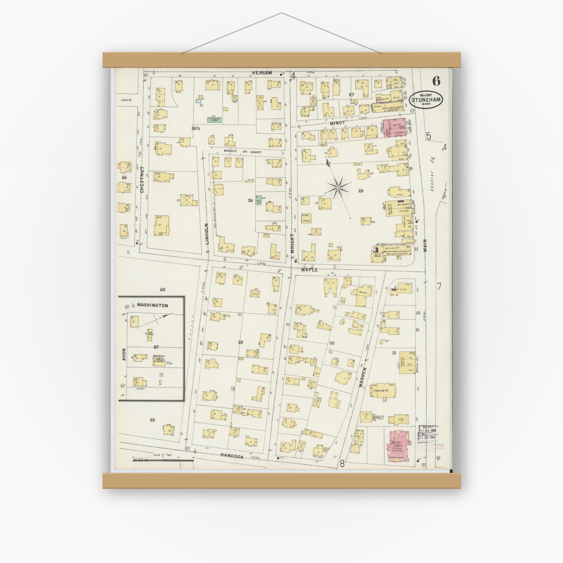 Old map wall art mockup — magnetic wood frame on white wall — Sanborn Fire Insurance Map from Stoneham, Middlesex County, Massachusetts (1897), Sheet #0006