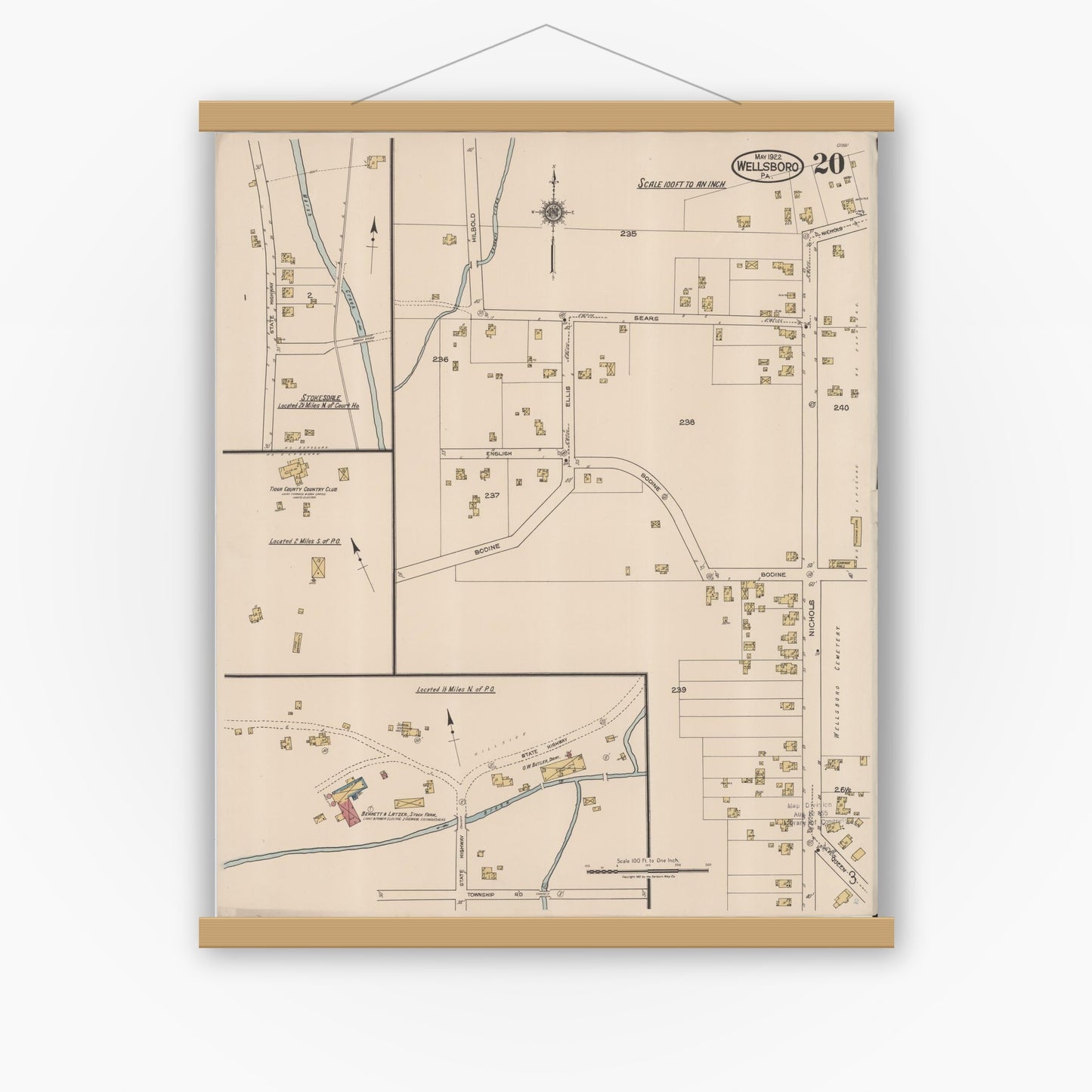 Old map wall art mockup — magnetic wood frame on white wall — Sanborn Fire Insurance Map from Wellsboro, Tioga County, Pennsylvania (1922), Sheet #0020