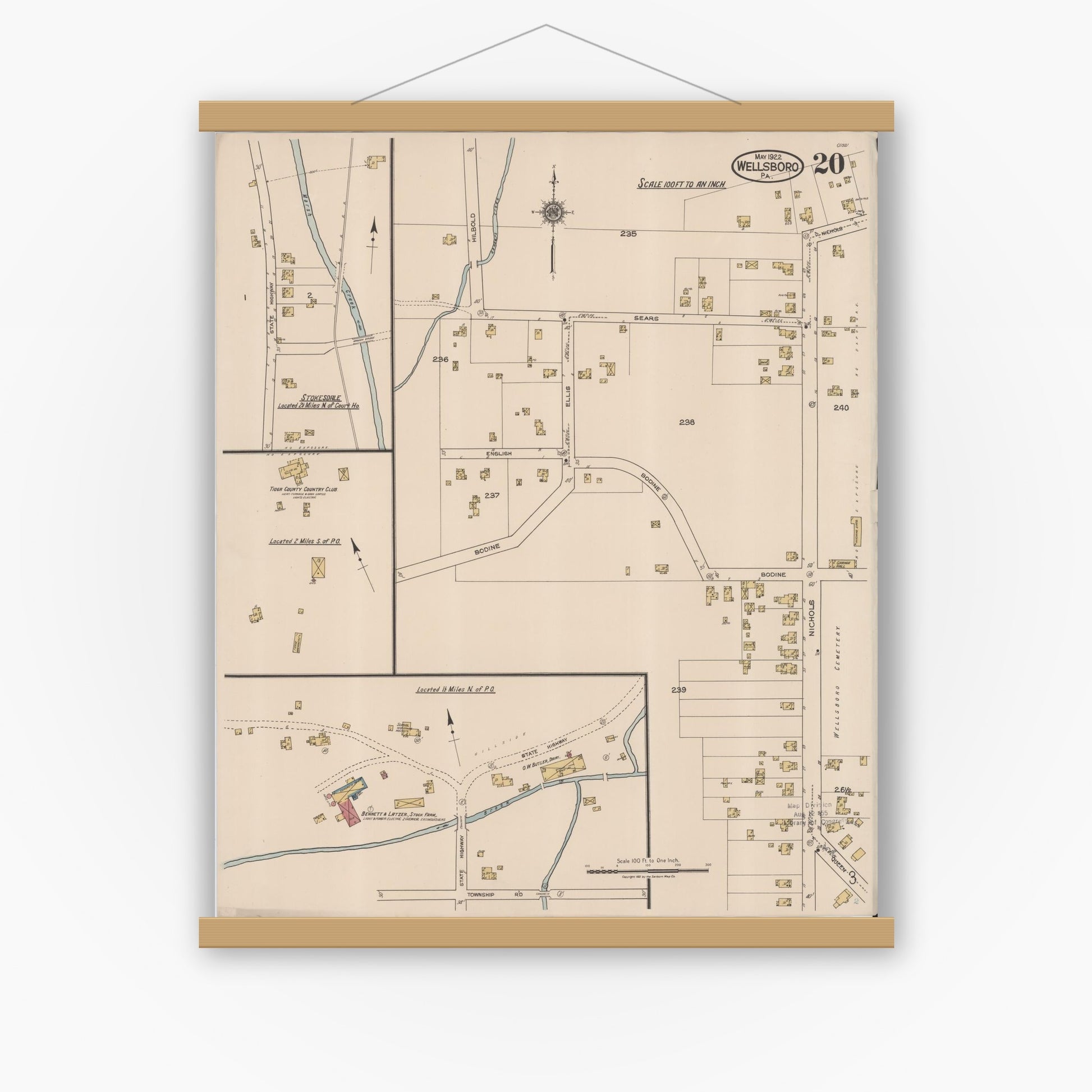 Old map wall art mockup — magnetic wood frame on white wall — Sanborn Fire Insurance Map from Wellsboro, Tioga County, Pennsylvania (1922), Sheet #0020