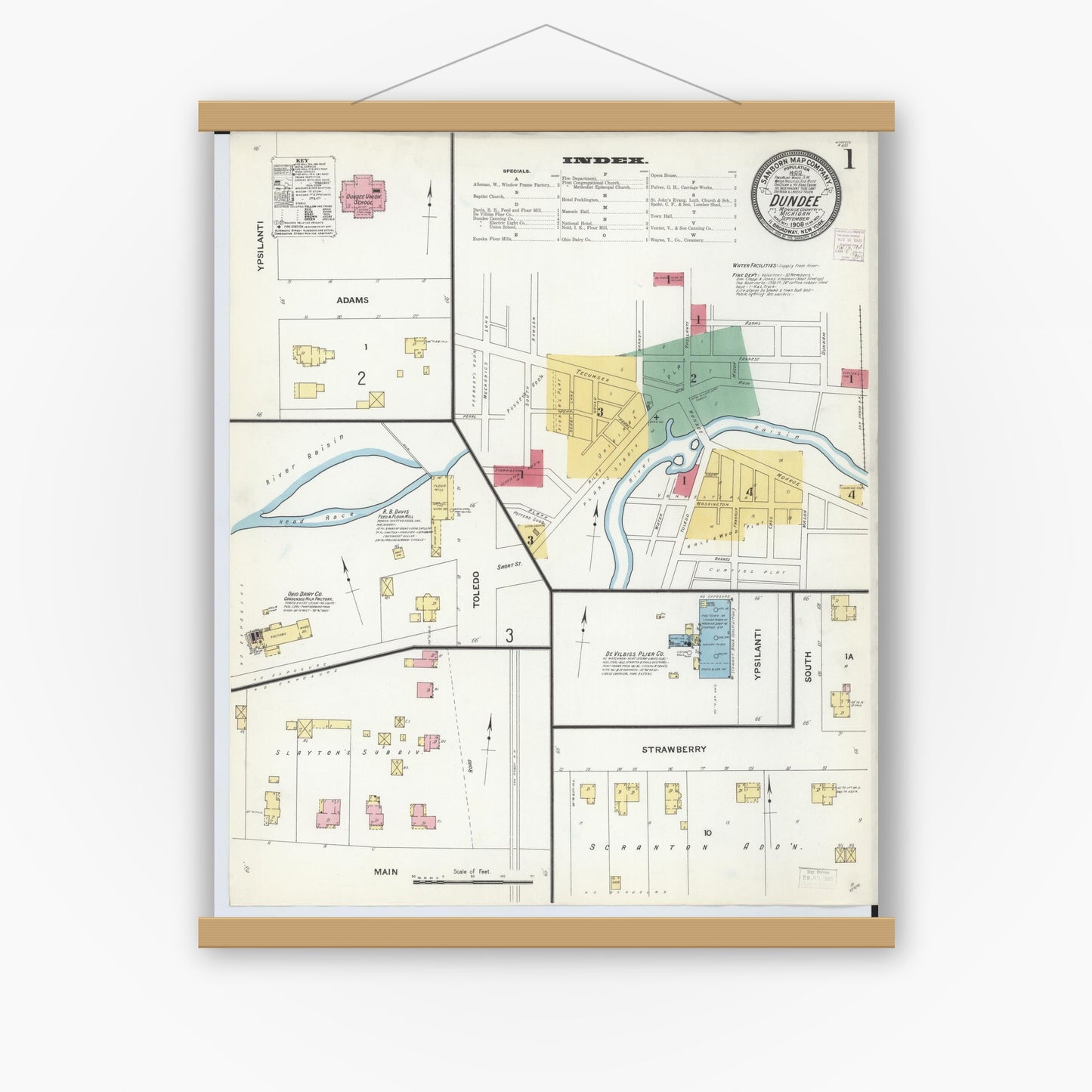 Old map wall art mockup — magnetic wood frame on white wall — Sanborn Fire Insurance Map from Dundee, Monroe County, Michigan (1908) - Complete Map Set