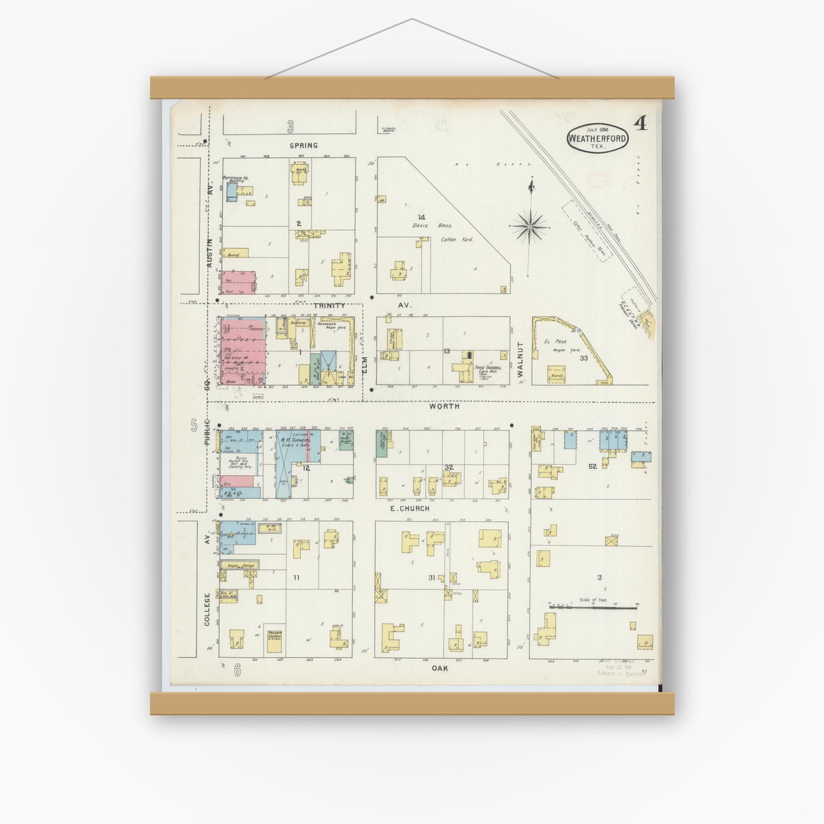 Old map wall art mockup — magnetic wood frame on white wall — Sanborn Fire Insurance Map from Weatherford, Parker County, Texas (1894), Sheet #0004