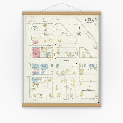 Old map wall art mockup — magnetic wood frame on white wall — Sanborn Fire Insurance Map from Weatherford, Parker County, Texas (1894), Sheet #0004