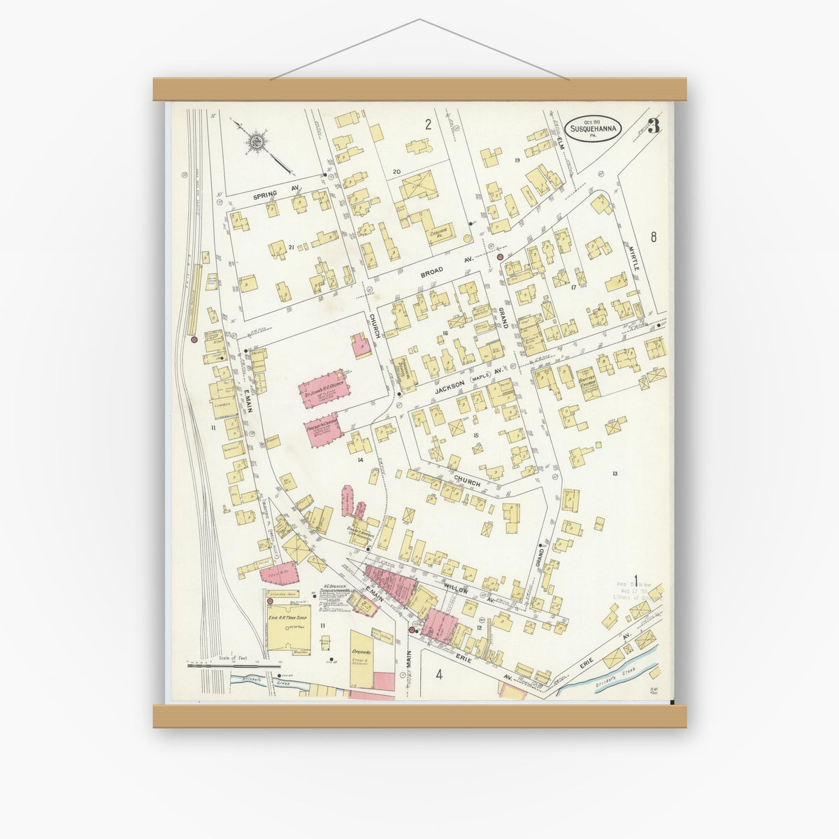 Old map wall art mockup — magnetic wood frame on white wall — Sanborn Fire Insurance Map from Susquehanna, Susquehanna County, Pennsylvania (1911), Sheet #0003