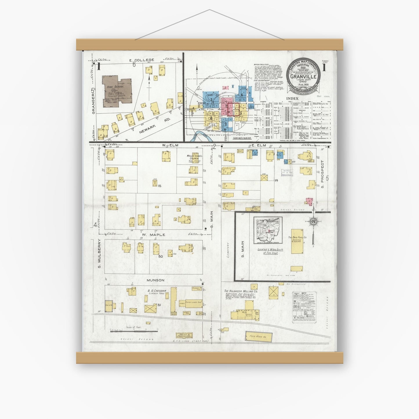 Old map wall art mockup — magnetic wood frame on white wall — Sanborn Fire Insurance Map from Granville, Licking County, Ohio (1926) - Complete Map Set