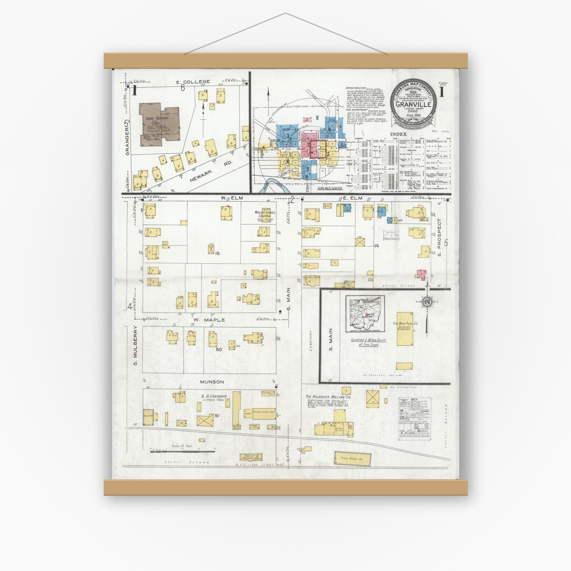 Old map wall art mockup — magnetic wood frame on white wall — Sanborn Fire Insurance Map from Granville, Licking County, Ohio (1926) - Complete Map Set