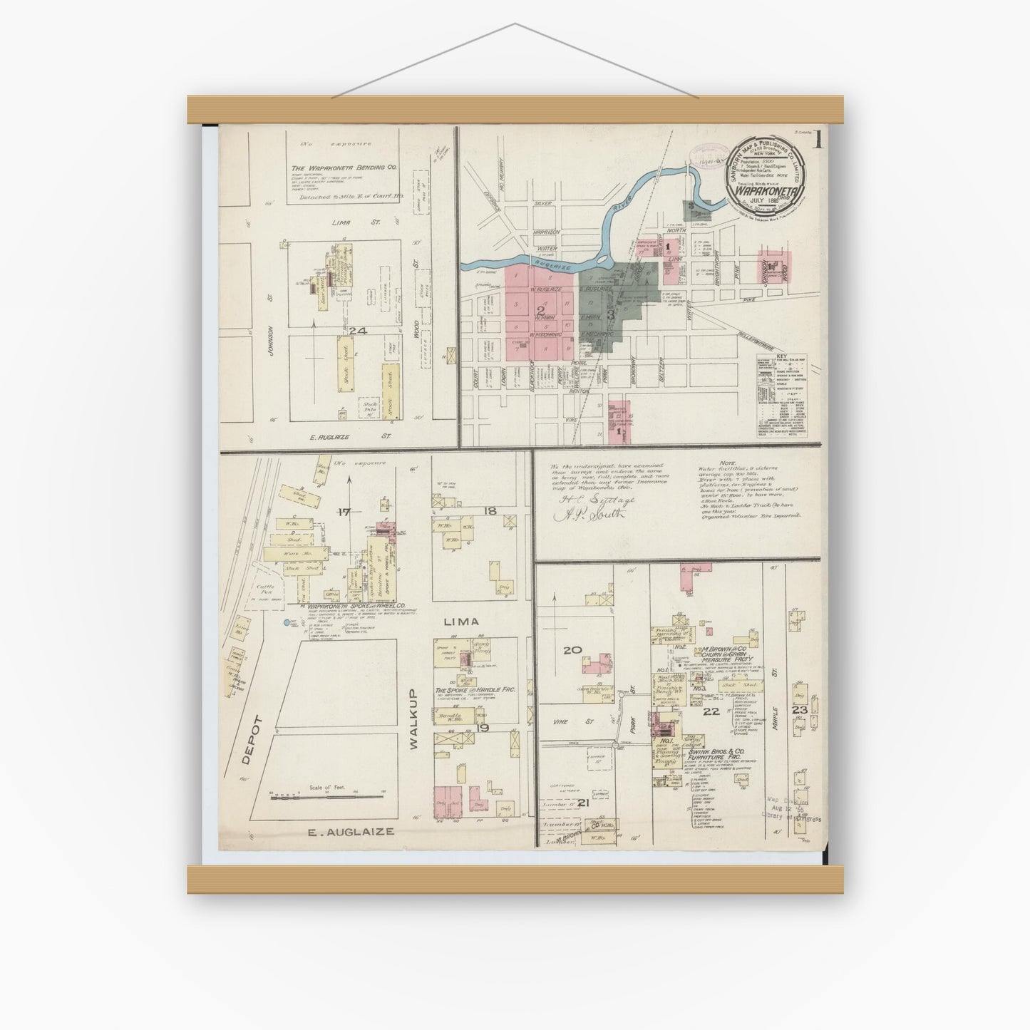 Old map wall art mockup — magnetic wood frame on white wall — Sanborn Fire Insurance Map from Wapakoneta, Auglaize County, Ohio (1885), Sheet #0001