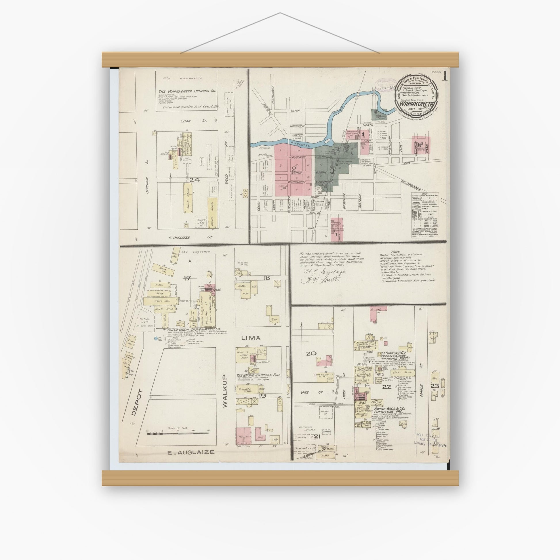 Old map wall art mockup — magnetic wood frame on white wall — Sanborn Fire Insurance Map from Wapakoneta, Auglaize County, Ohio (1885), Sheet #0001