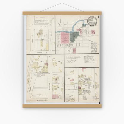 Old map wall art mockup — magnetic wood frame on white wall — Sanborn Fire Insurance Map from Wapakoneta, Auglaize County, Ohio (1885), Sheet #0001