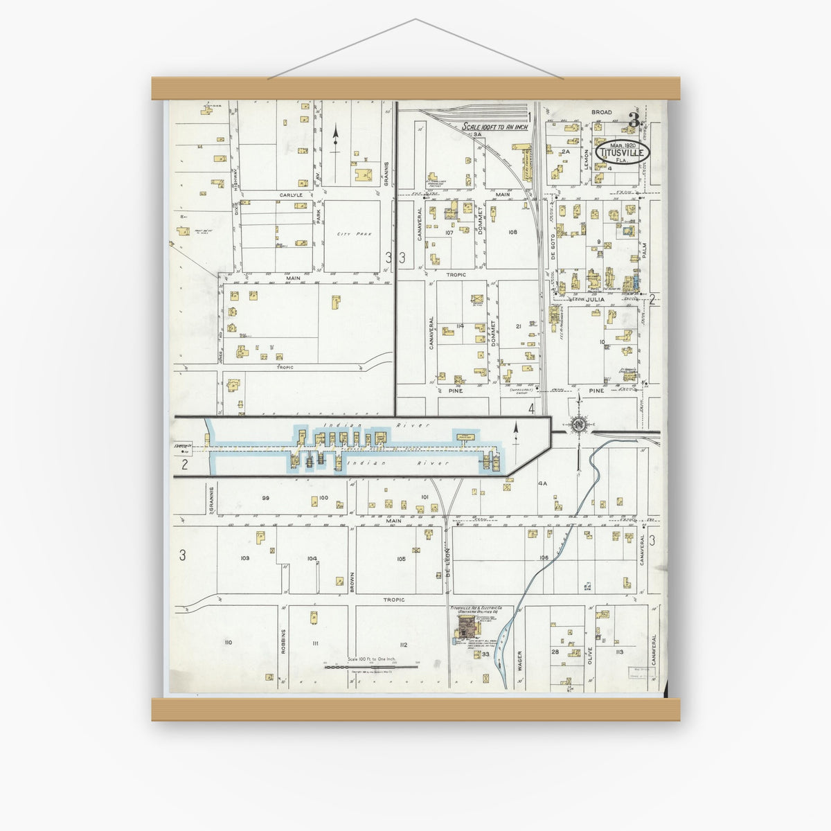 Old map wall art mockup — magnetic wood frame on white wall — Sanborn Fire Insurance Map from Titusville, Brevard County, Florida (1920), Sheet #0003