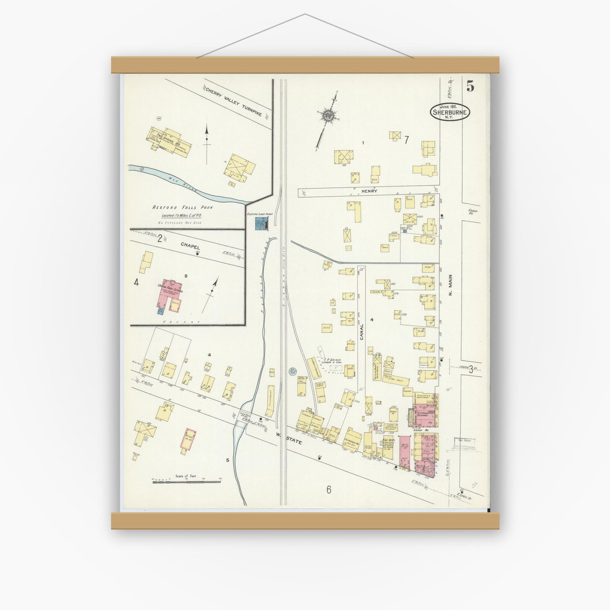 Old map wall art mockup — magnetic wood frame on white wall — Sanborn Fire Insurance Map from Sherburne, Chenango County, New York (1911), Sheet #0005