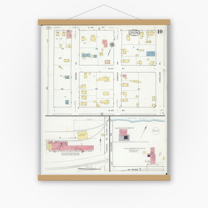 Old map wall art mockup — magnetic wood frame on white wall — Sanborn Fire Insurance Map from Dixon, Lee County, Illinois (1918), Sheet #0010