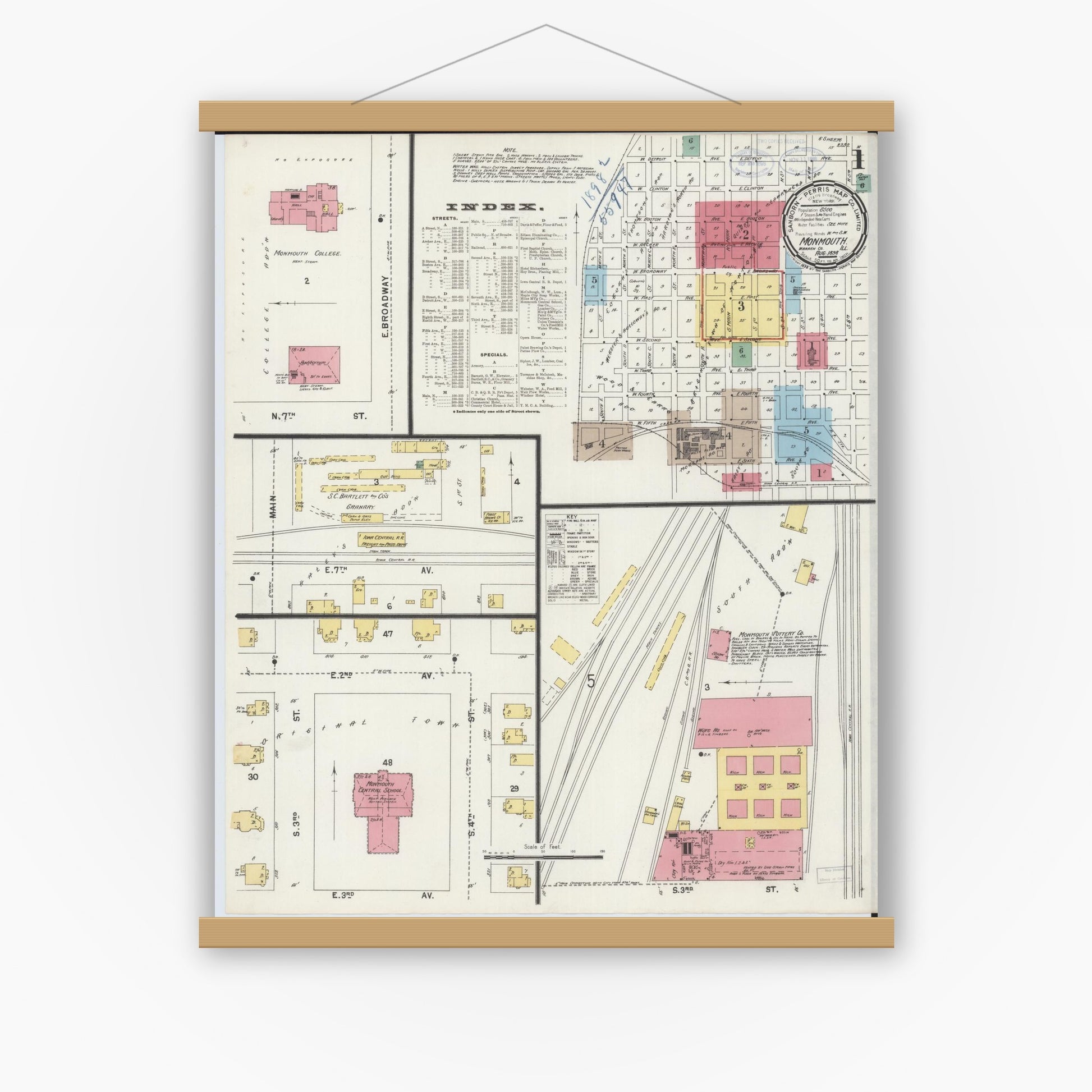Old map wall art mockup — magnetic wood frame on white wall — Sanborn Fire Insurance Map from Monmouth, Warren County, Illinois (1898) - Complete Map Set