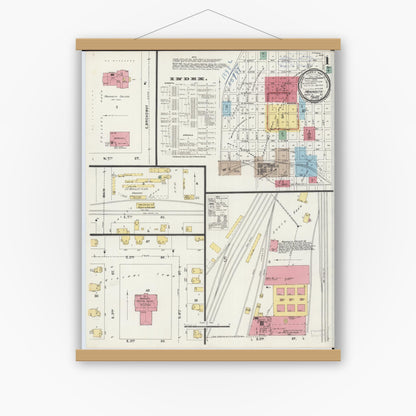 Old map wall art mockup — magnetic wood frame on white wall — Sanborn Fire Insurance Map from Monmouth, Warren County, Illinois (1898) - Complete Map Set