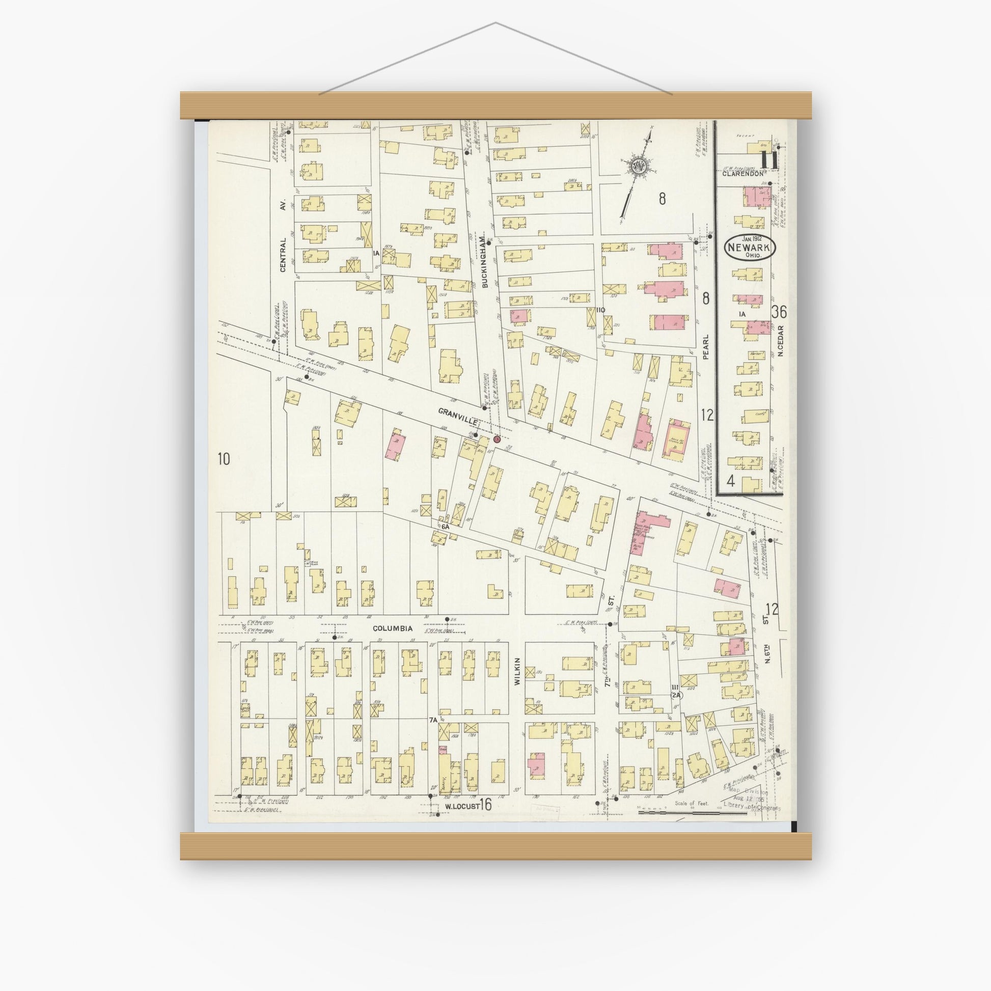 Old map wall art mockup — magnetic wood frame on white wall — Sanborn Fire Insurance Map from Newark, Licking County, Ohio (1912), Sheet #0011