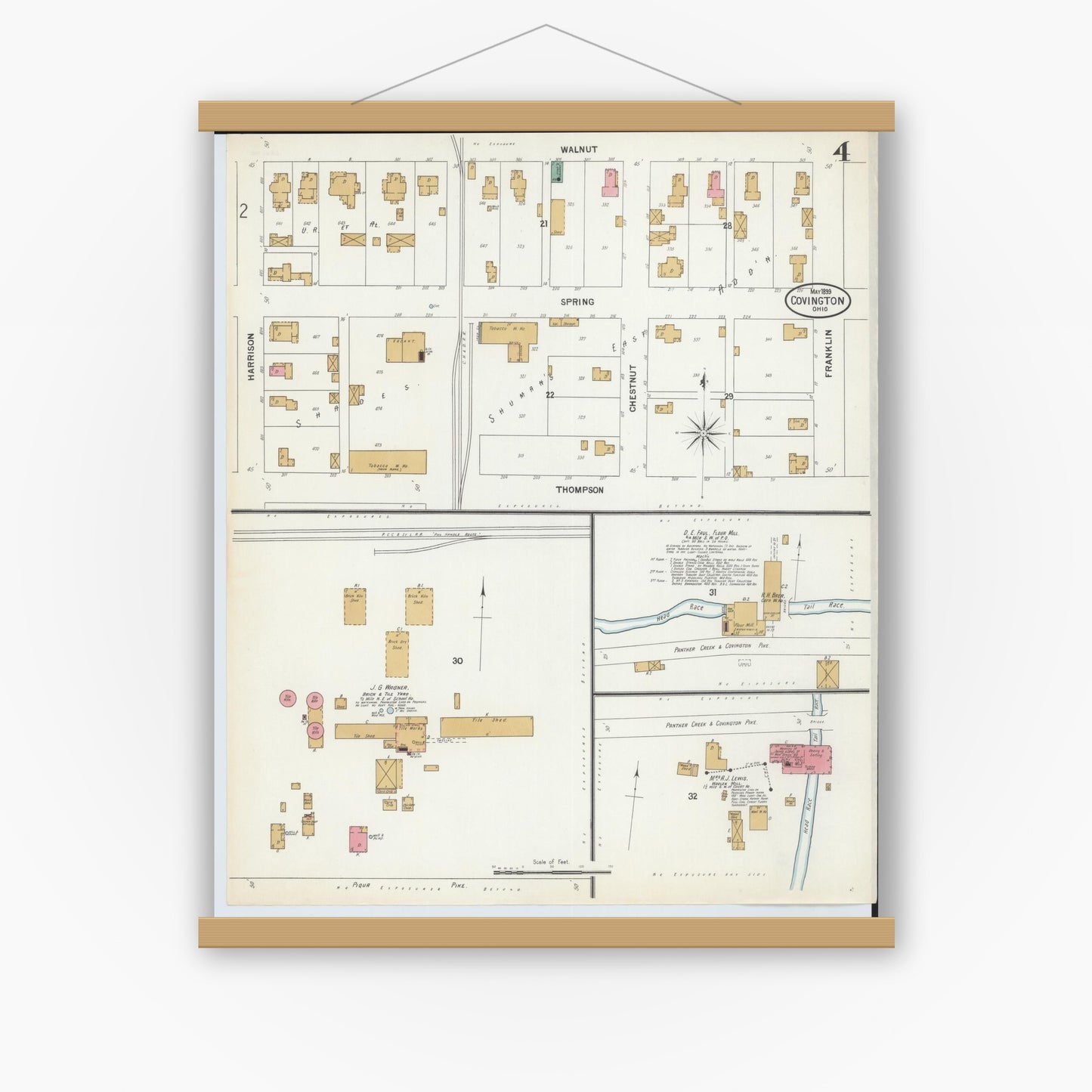 Old map wall art mockup — magnetic wood frame on white wall — Sanborn Fire Insurance Map from Covington, Miami County, Ohio (1899), Sheet #0004