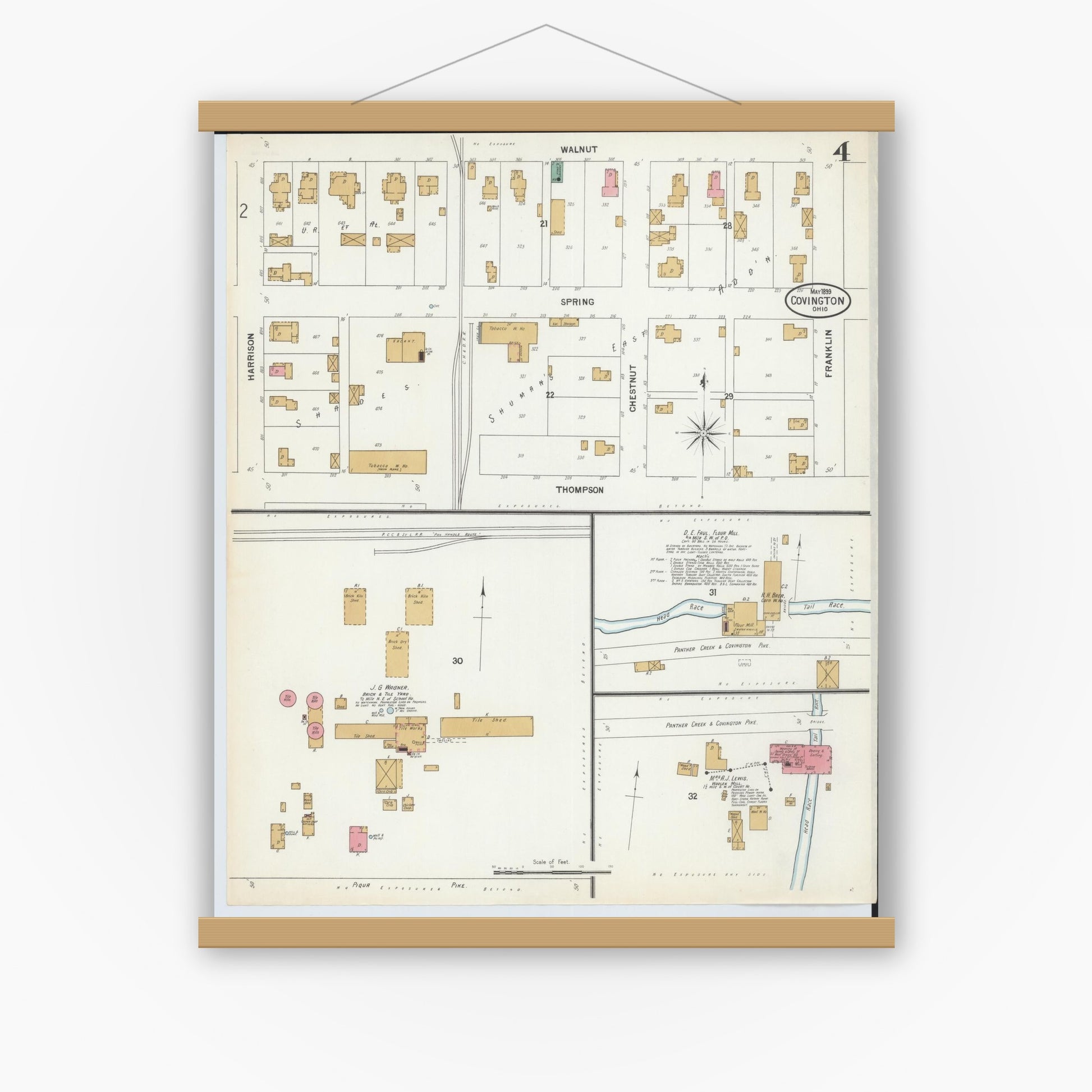 Old map wall art mockup — magnetic wood frame on white wall — Sanborn Fire Insurance Map from Covington, Miami County, Ohio (1899), Sheet #0004